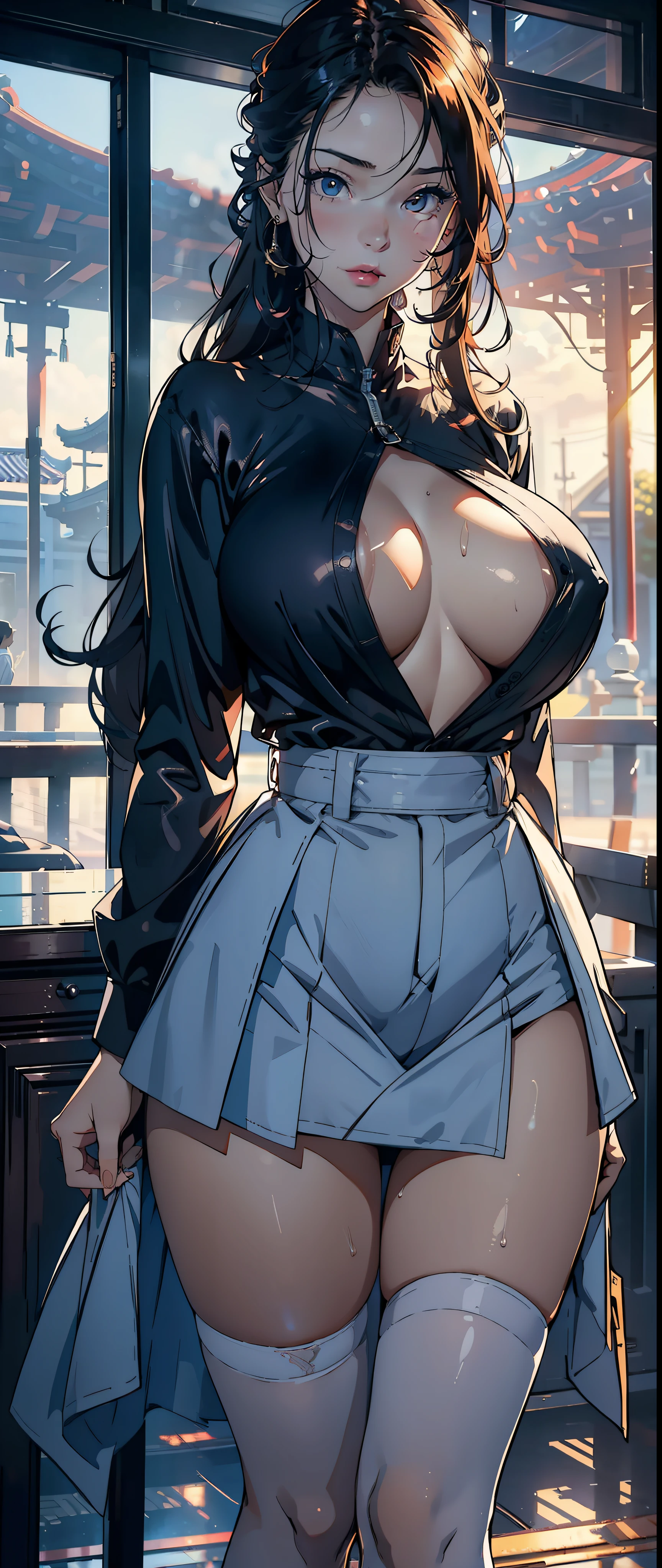 (真实感:1.4),Huge breasts,Big high school girl,Japan high school uniform,JK skirt,white stockings,beautifullegs,Big breasts Thin waist,high-heels,Pornographic exposure,(真实感:1.4),The upper part of the body,1female,ar old,Huge breasts, Pornographic exposure,(Background with:military base,exteriors), From the front side, Wet straight hair, Sweating profusely,mostly cloudy sky,(tmasterpiece),(Very detailed CG unity 8K wallpaper),best qualtiy,cinmatic lighting,detailed back ground,beatiful detailed eyes,Bright pupils,(Very fine and beautiful),(Beautiful and detailed eye description),ultra - detailed,facing at camera,A high resolution,ultra - detailed),standing on your feet,Emotive expressions,Open-mouthed,Chest sagging,nakeness, Expose the genitals,revealing breasts,Camel toes,with no underpants,extremely large bosom,Extremely colorful,Most detailed,fully body photo,The face is well lit,tmasterpiece,Slim woman,Beautiful and charming woman face,largeeyes, Thin waist,long leges,nakeness,Raised sexy,extremely large bosom,with no underpants,Long flowing hair,Flushed complexion,teens girl