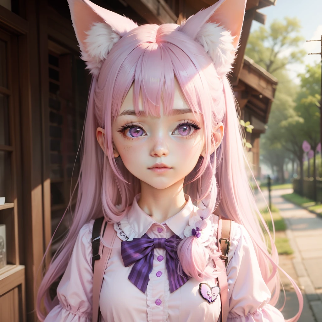 pink violet hair，fox ear，Pink, purple and white clothes，Cute sweet girl，butterflys