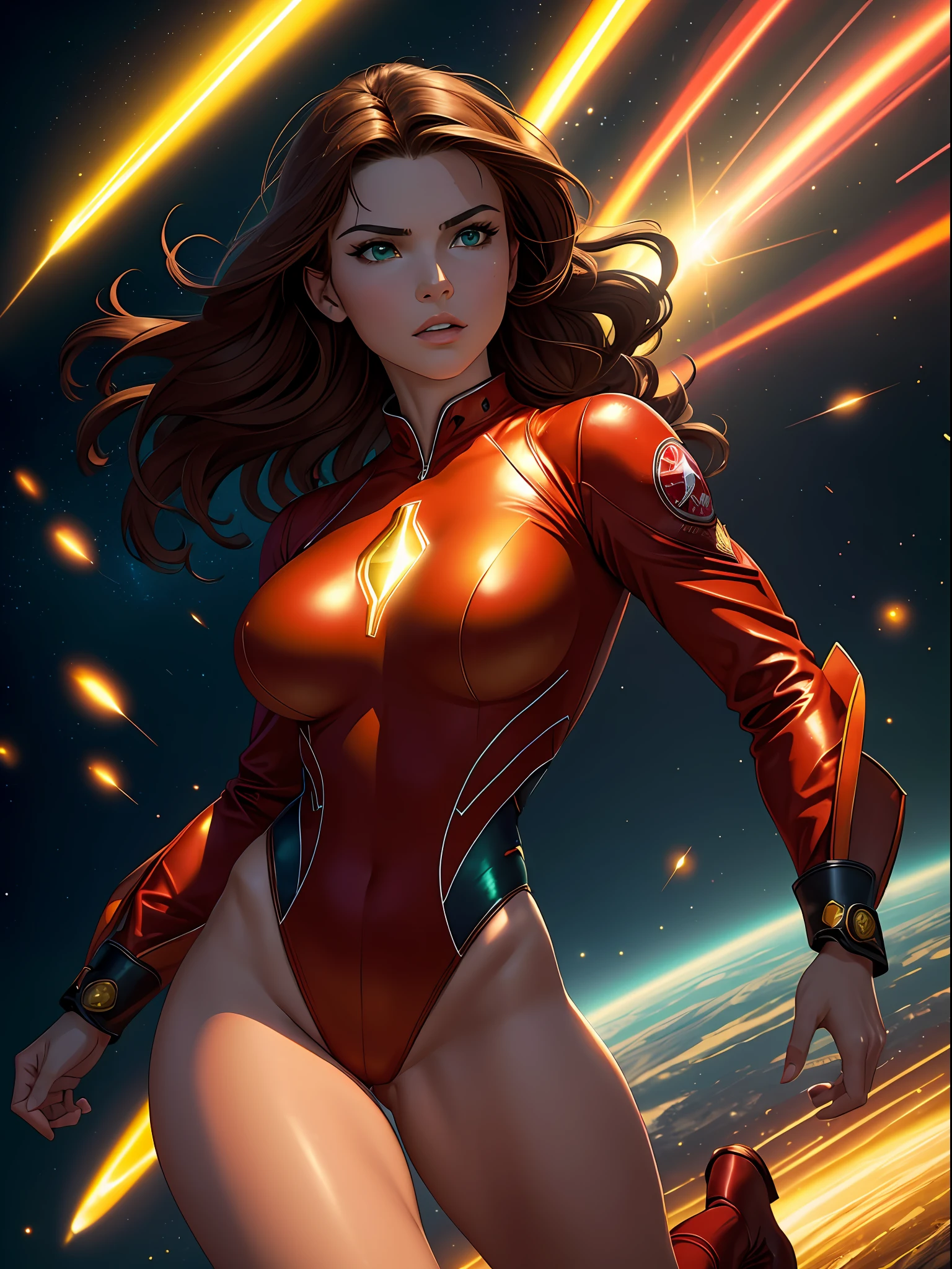 ((best quality)), ((masterpiece)), ((ultra realistic)), (dynamic flight pose), american, beautiful detailed face, detailed eyes, sexy reporter, dressed in a red leotard, highly detailed, professional, bare legs, (full body costume design), brown hair, medium hair, green eyes, yellow knee boots, long blue sleeves with red cuffs, yellow hawk-shaped crest engraved on chest, cowboy shot, energy pulse, light particles, glow, space background, flying