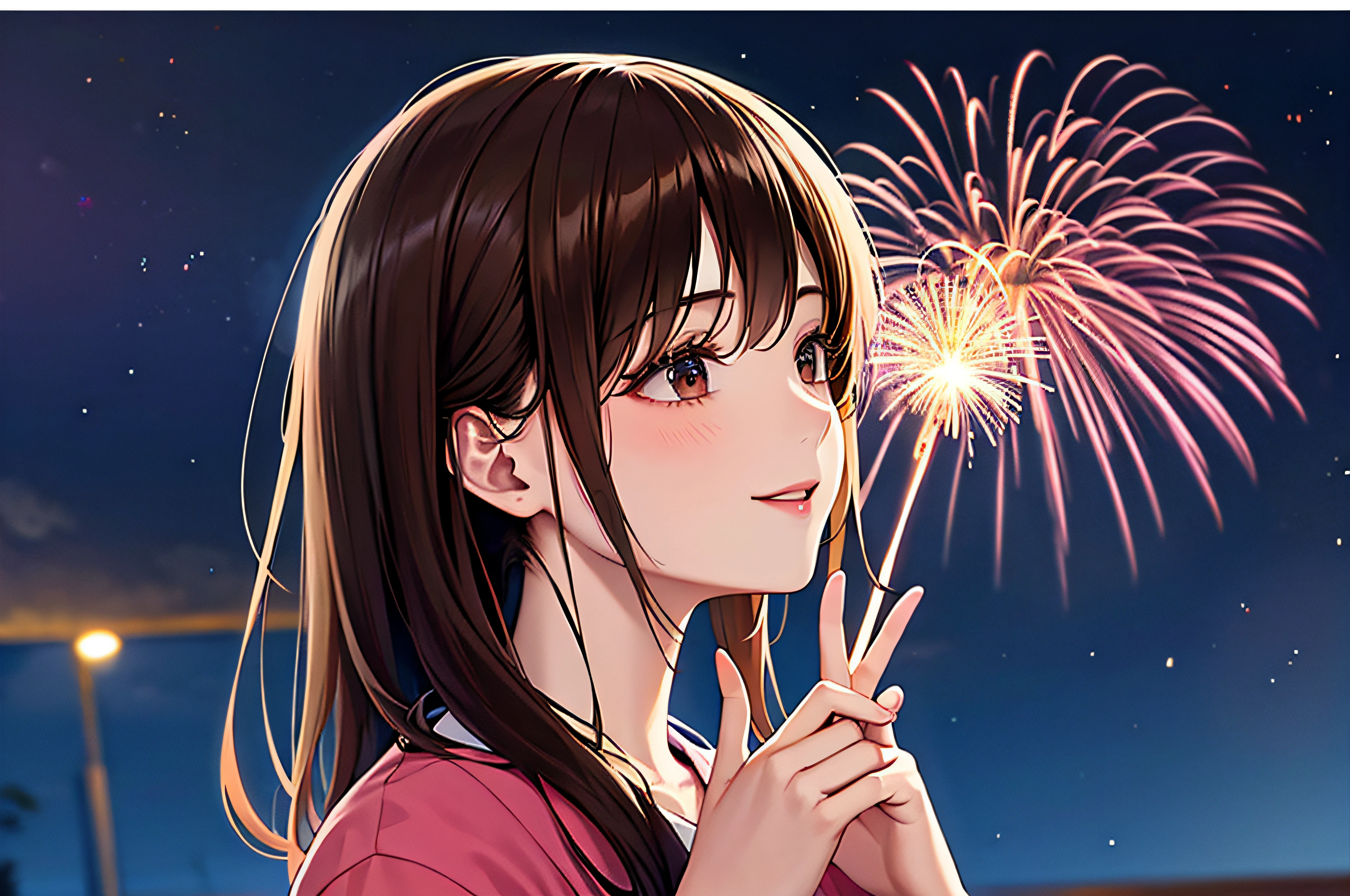 超A high resolution、8K,​masterpiece、top-quality、Lots of fireworks in the sky、femele、Only one person、profile、a smile、Fireworks Festival、skyrocket、Beautie、outside of house、mouth closes、Person should be on the far right、Upper body only、Holding nothing in the hands、Floral yukata、Brown hair、starrysky