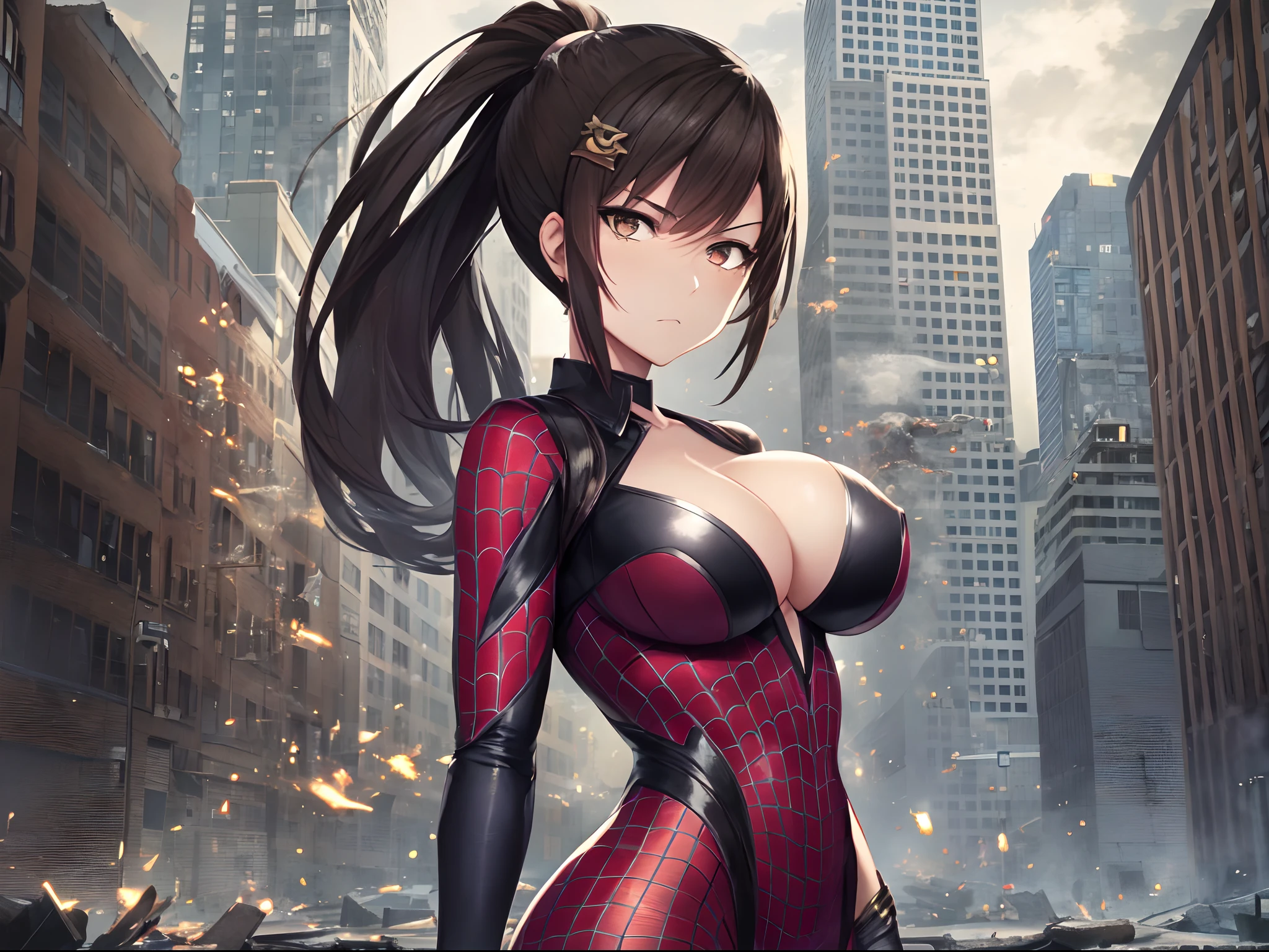 1girl,thoka in Spider-Man costume,gigantic breasts,superhero pose,standing in ruined city,smoke,sparks,(8k),scratches,close-up,detailed face,dark brown hair, light brown eyes,long hair,ponytail,embarassed,shy,small serious face,