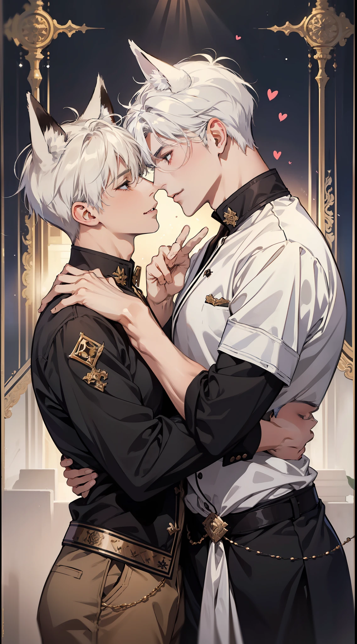 "Masterpiece, best quality, passionate and intimate embrace between two men, one with white fox ears and short white hair, and the other with short black hair, evoking a powerful sense of love and desire, gay couple, eyes opening, looking at each other, touching noses, smile happyly."