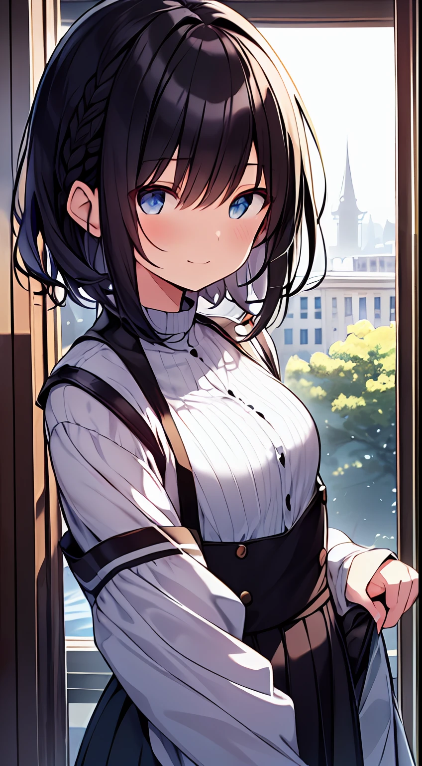 masutepiece, Best Quality,Illustration, Wallpaper, Ultra Detail, 1girl in,Solo,Beautiful detailed eyes,Very thick contour lines、Medium Short-Cut Hair、Short, Braided hair、(student clothes)、Dark hair color、a serene smile、Kamimei、Overlooking angle:1.2、small head、ample breasts