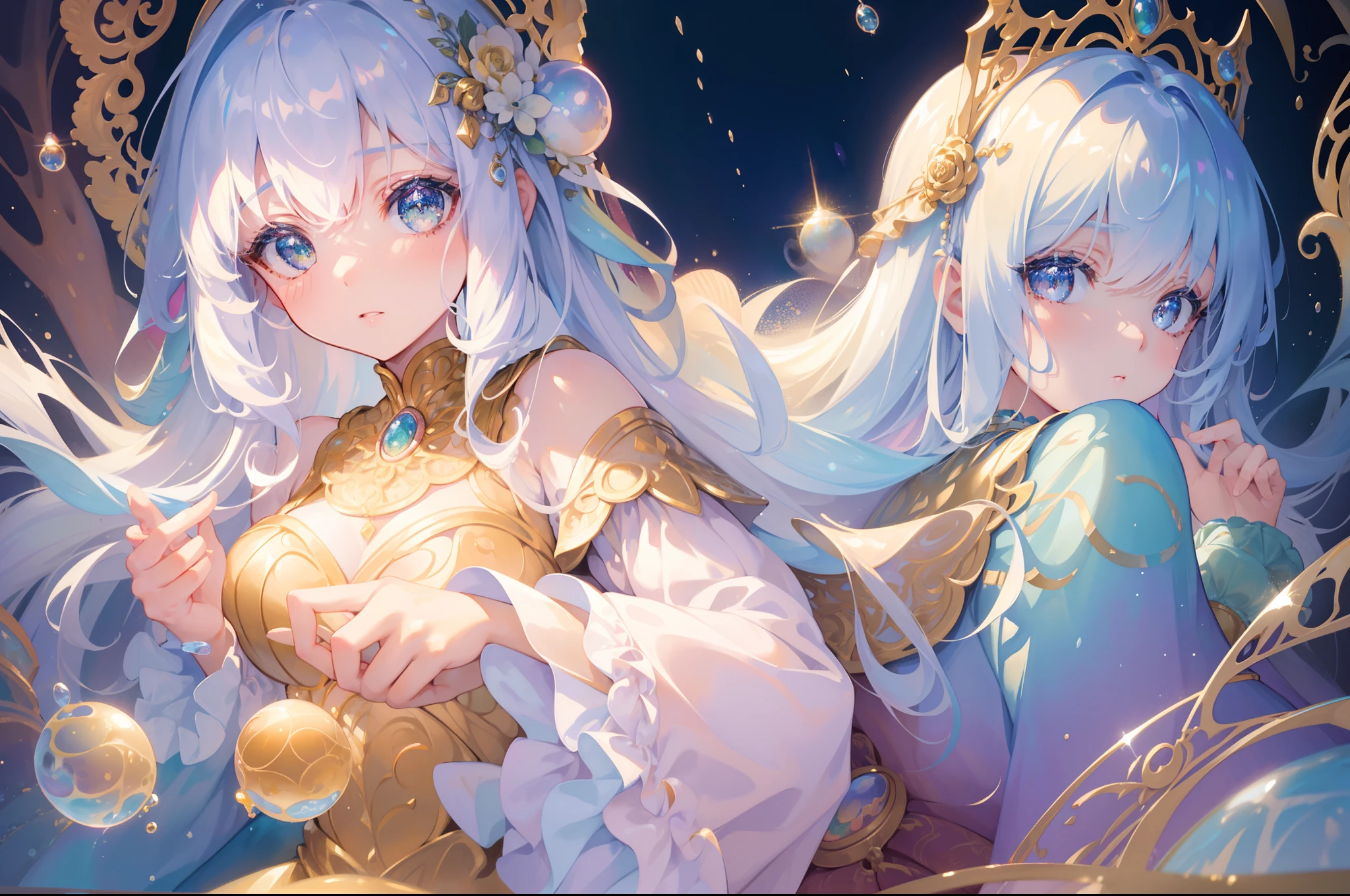 masterpiece, best quality, 8k resolution, sharp focus, intricate detail, beautiful girl, sparkling eyes, golden ratio face, otherworldly liquid, watercolor, pastel colors, bright colors, whimsical, colorful, sharp focus, high resolution, fine detail, ((layered tiered puffy long sleeves ballgown)), ((round eyes)), iridescent bubbles, fantasia background