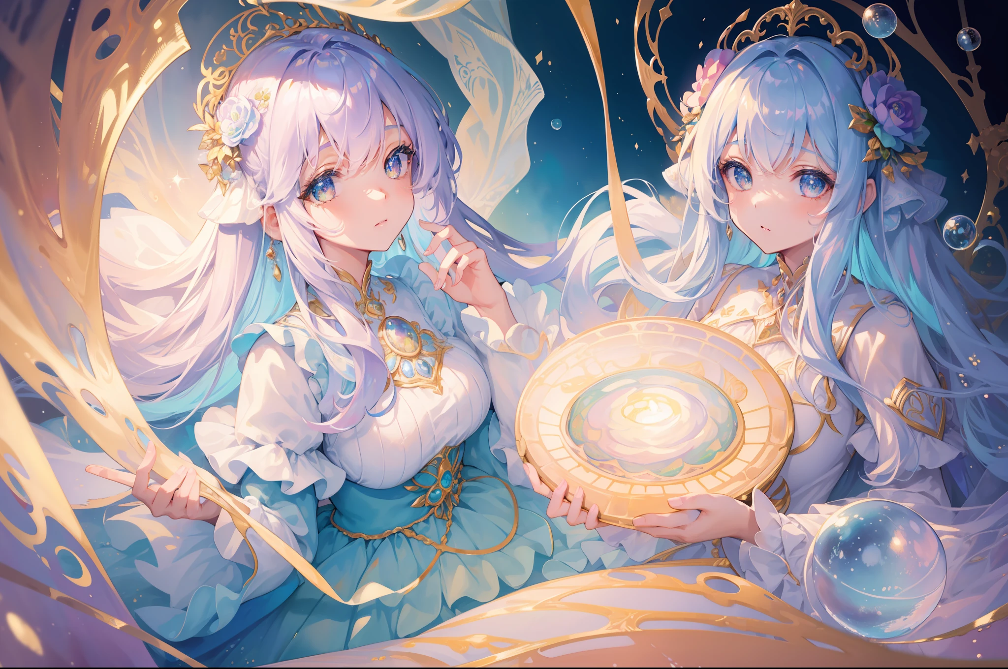 masterpiece, best quality, 8k resolution, sharp focus, intricate detail, beautiful girl, sparkling eyes, golden ratio face, otherworldly liquid, watercolor, pastel colors, bright colors, whimsical, colorful, sharp focus, high resolution, fine detail, ((layered tiered puffy long sleeves ballgown)), ((round eyes)), iridescent bubbles, fantasia background