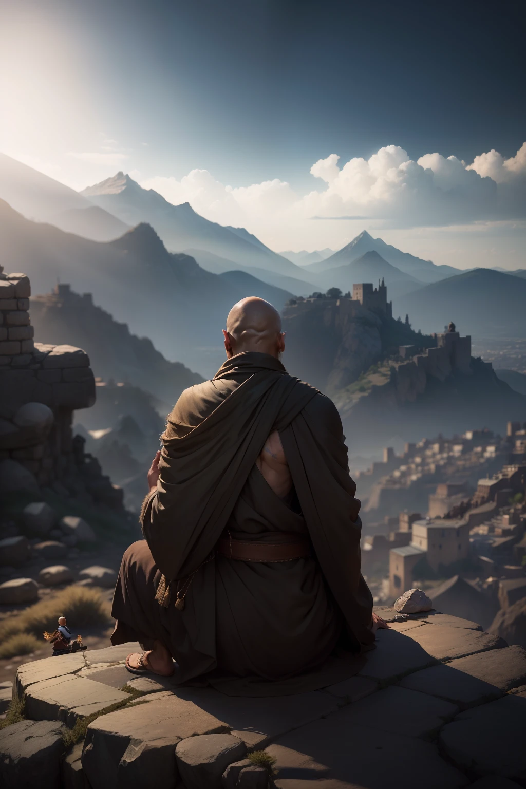 A extremely old monk skin head and neck deeply wrinkled sitting with his hunched skin as rough as the stones around him very small man back lit by sunlight on top of a mountain meditating clothes fluttering in the wind western city, black myth wokong scenery in the background blurred hyper realistic cinematic unreal 8K