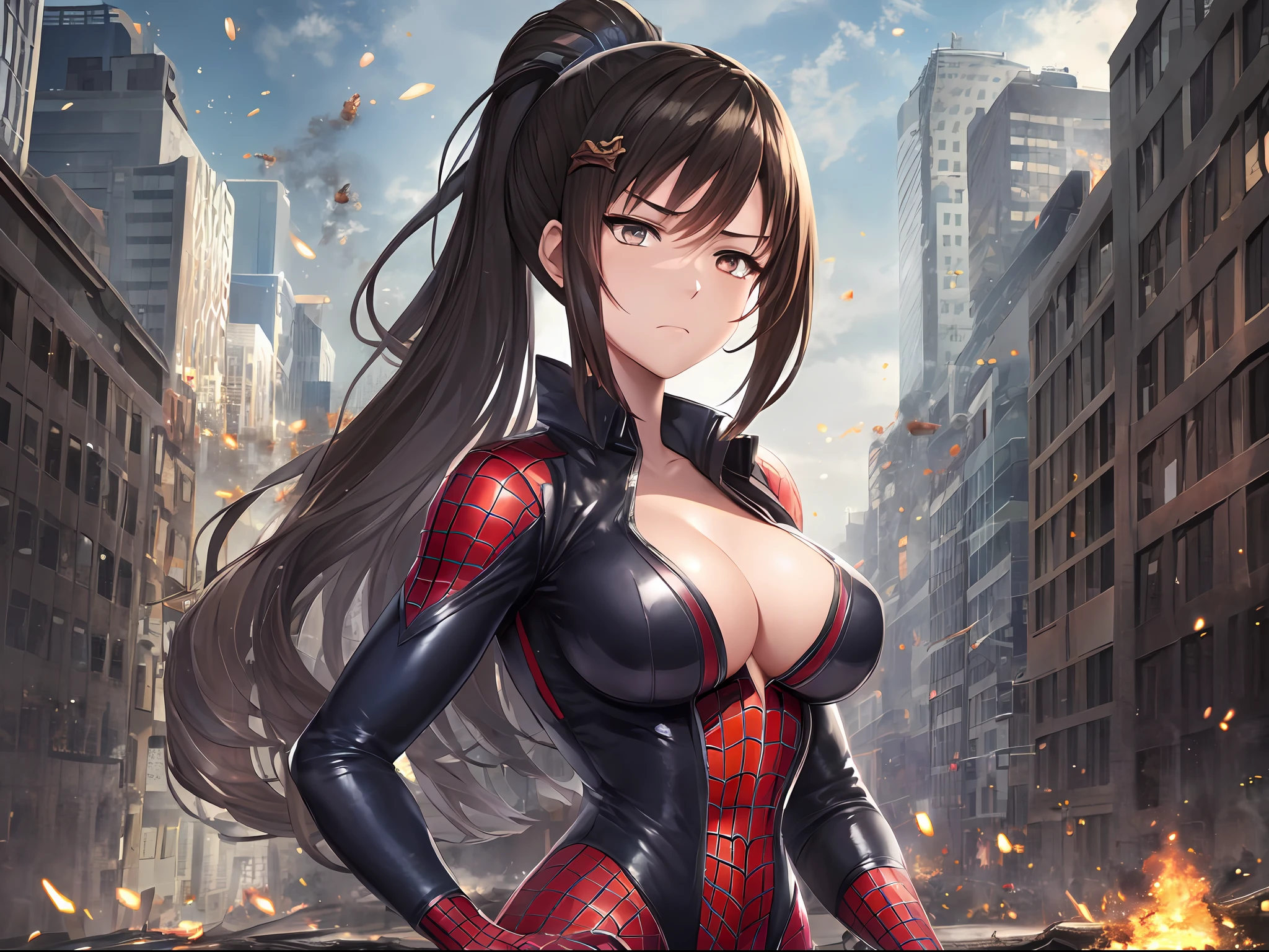 1girl,thoka in Spider-Man costume,gigantic breasts,superhero pose,standing in ruined city,smoke,sparks,(8k),scratches,close-up,detailed face,dark brown hair, light brown eyes,long hair,ponytail,embarassed,shy,small serious face,