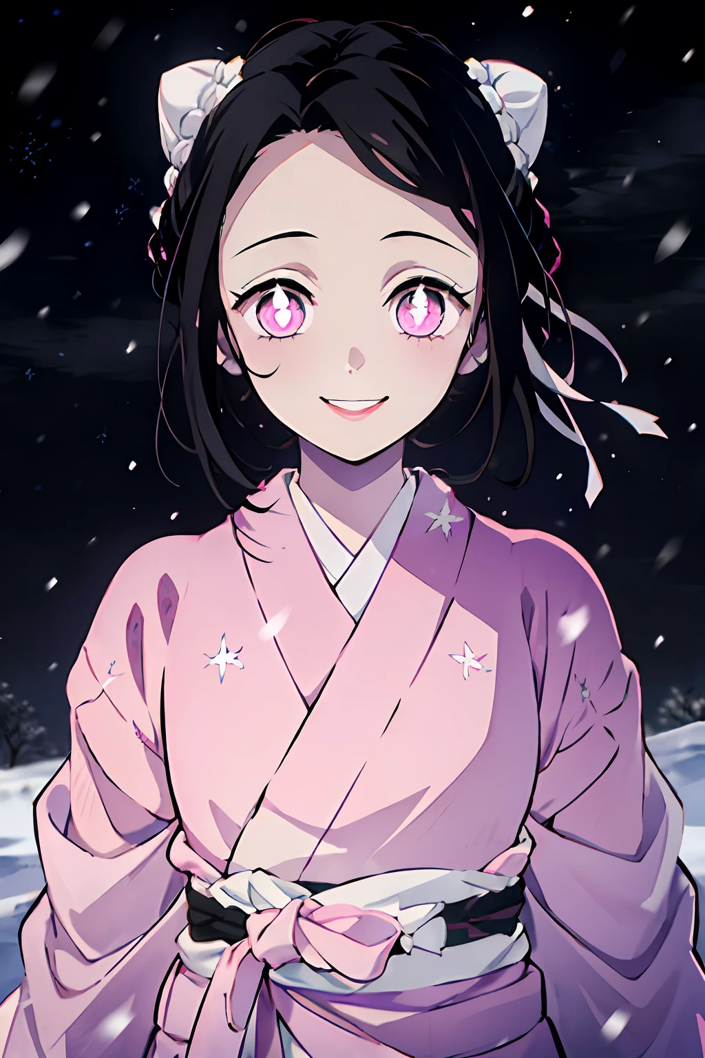 Kimetsu no Yaiba style, 1girl, 独奏, Smile, pink eyes, white pupils in the shape of flowers, black  hair, hair gathered in a bun, Fastened with a stud,  pink kimono, Obi Belt,  ((Masterpiece)), ((portraite of a)), snowing, Drifts, dark sky, Snowflakes are falling