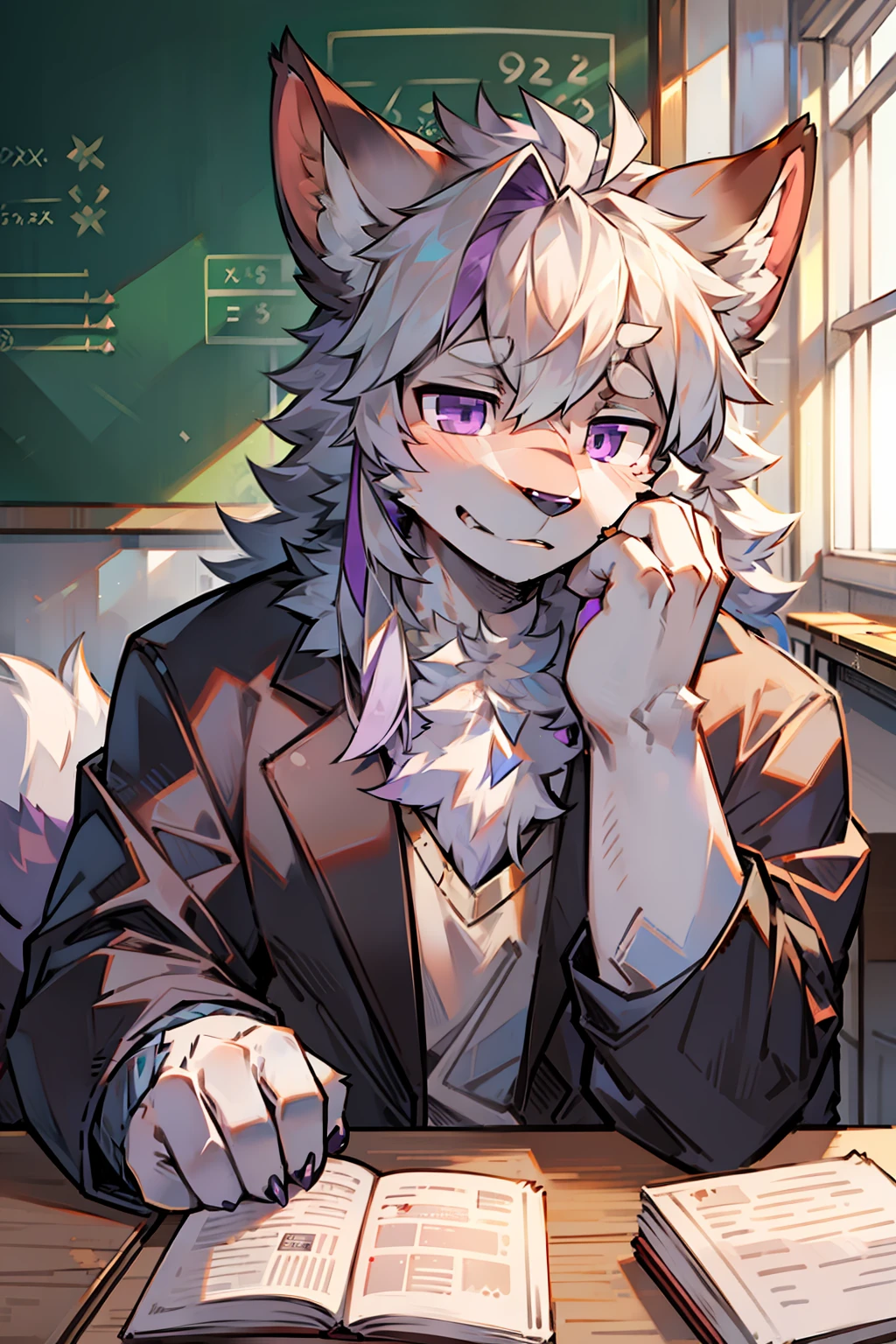 solo person，shaggy male，hairy bodies，shoun，coyote，canid，Gray fur，long  white hair，The ends of the hair are purple，Purple eye，Bullied，adolable，Handsome，large tail，full bodyesbian，school ground，In class，Sleep in class