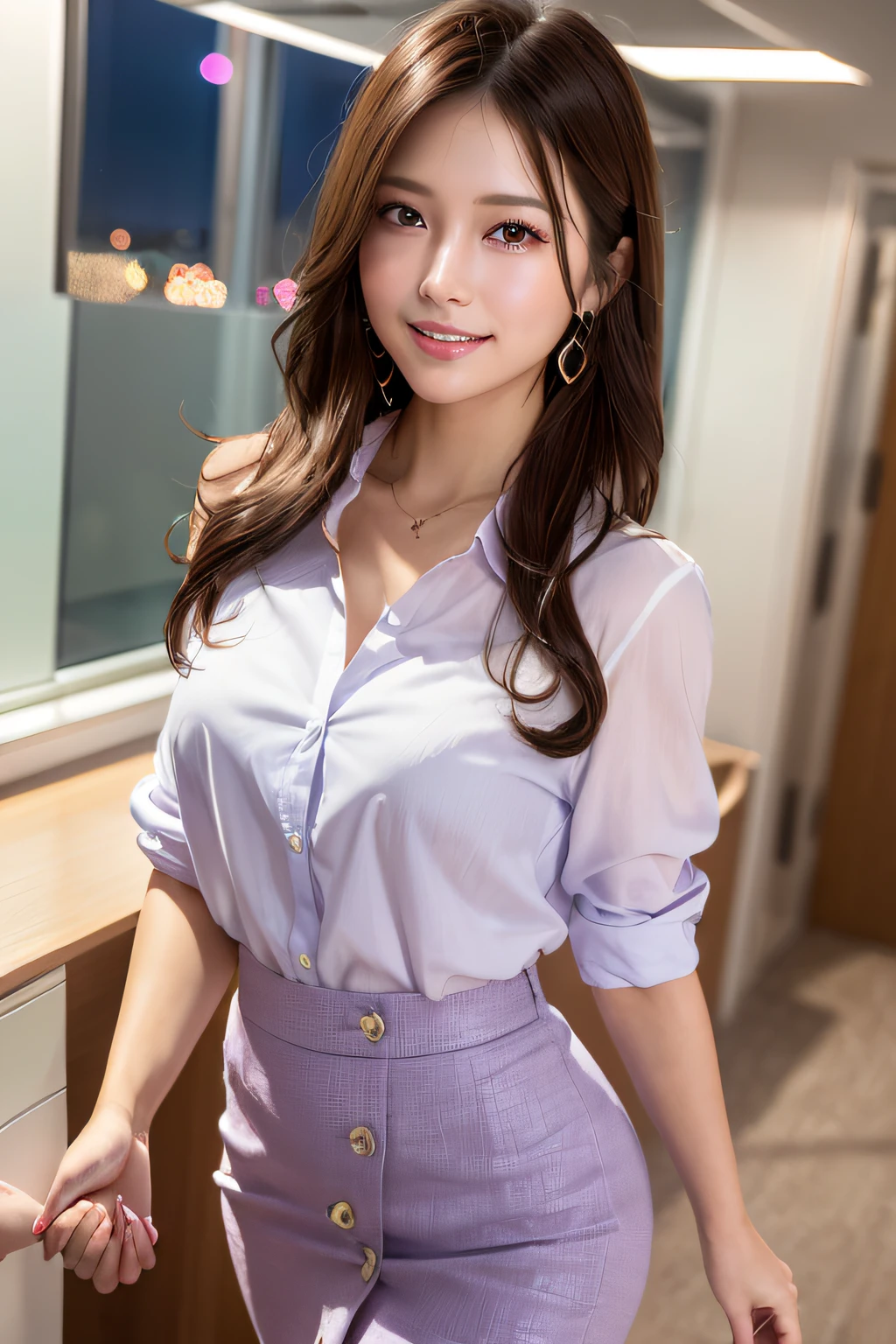(masterpiece:1.3), high resolution, ultra detailed, extremely detailed CG unity 8k wallpaper, realistic, photo-realistic, RAW photo, beautiful detailed face, pale skin, realistic glistening skin, detailed cloth texture, detailed hair texture, Perfect body, Beautiful Face, accurate, Anatomically correct, Highly detailed face and skin texture, natural neck length, (beautiful hands), (fair skin:1.2), Thin legs, Thin feet,
BREAK,
Detailed eyes, symmetric eyes, Light Brown eyes, Double eyelids, Thin eyebrows, (Glossy lips:1.4), ((gently smile:1.2)), (blush:1.1),
BREAK,
(A Classy and Cute girl:1.3), (wearing a classy (Light Purple) Button shirt:1.2), ((Light bule) long irregular hem skirt:1.2), close the button,
medium large breasts, (slender figure:1.1), firm abs, beautiful clavicle,
(Dark blonde hair, wavy hair, long hair:1.2), ((asymmetrical bangs:1.2)),
BREAK,
((Walking together with holding a hand:1.3)),
((in the stylish office at night:1.4)), (Cowboy shot:1.2), looking back at viewer, from back:0.65,