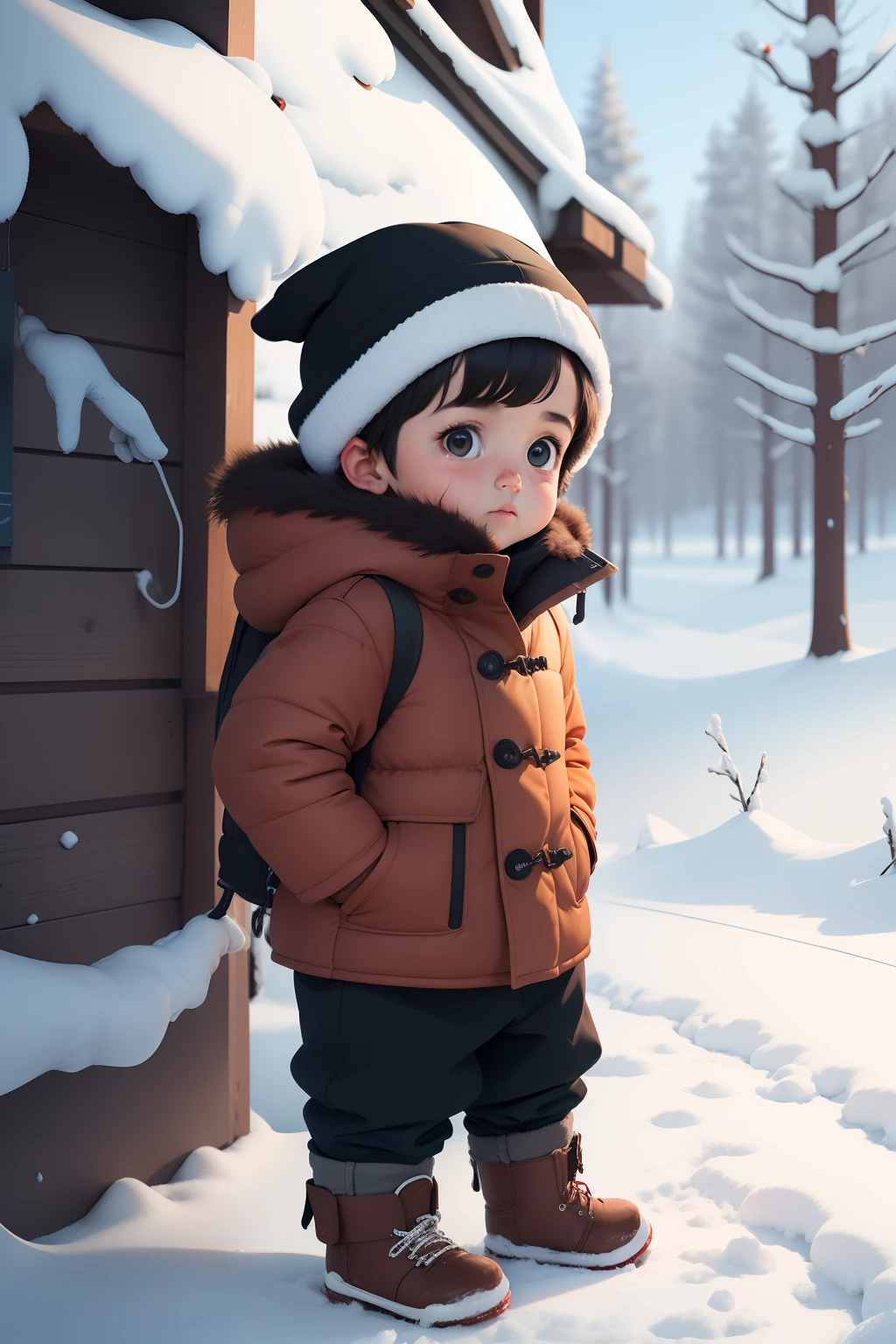 at winter season，younge boy，standing on your feet，up front view，the sideview，posterior view