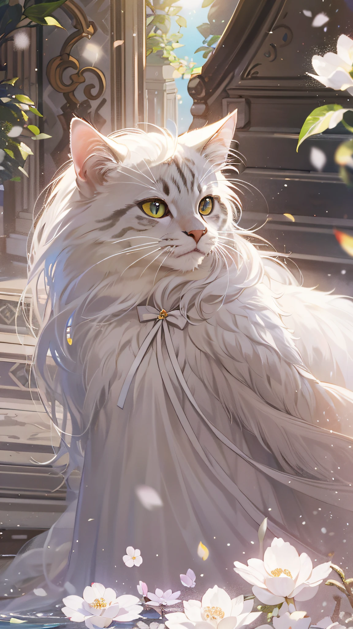 ((best quality)), ((masterpiece)) WEDDING PRINCESS DRESS, light ray, lens flare, white petals, long coated cat, exotic