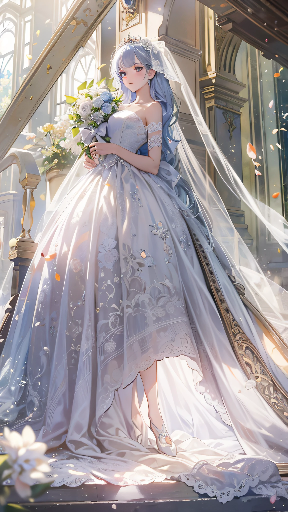 ((best quality)), ((masterpiece)) WEDDING PRINCESS DRESS, light ray, lens flare, white petals, long coated cat, exotic