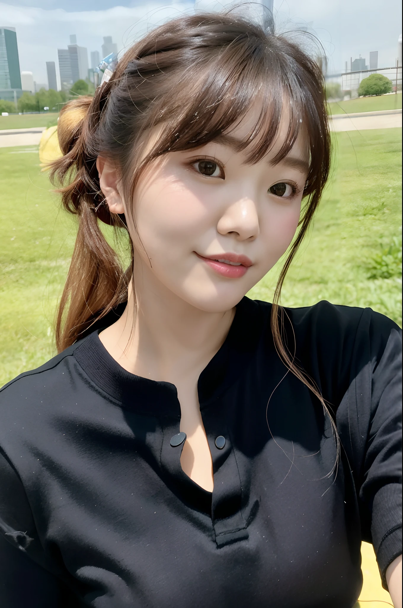 Close up portrait of woman sitting on park bench, Korean Girl, Larisa Manobal, Choi Hong Hwa, ulzzangs, sakimichan, beautiful Korean women, wan adorable korean face, lee ji-eun, lee ji - eun, park ji-min, Young adorable Korean face, tzuyu from twice