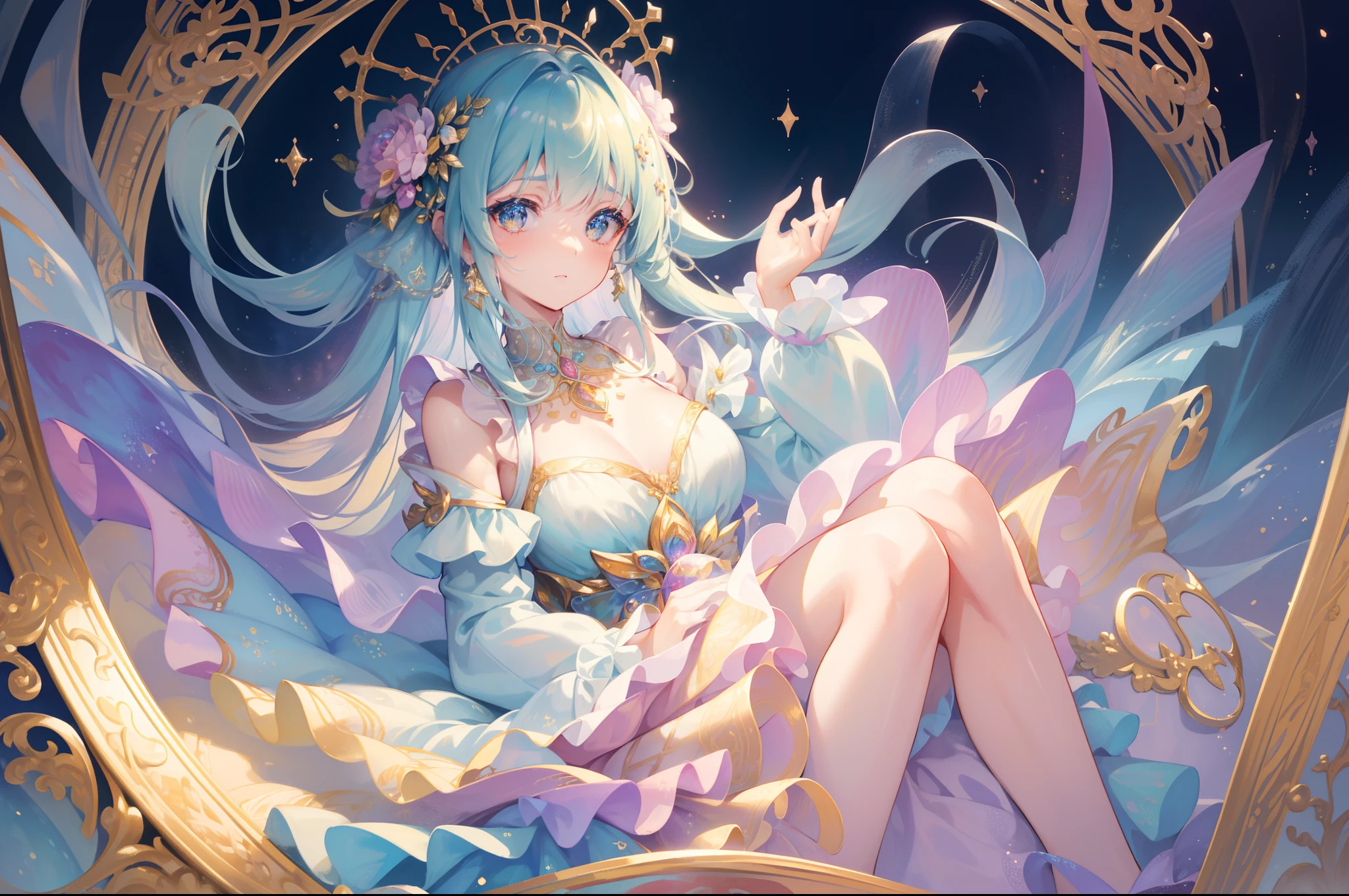 masterpiece, best quality, 8k resolution, sharp focus, intricate detail, beautiful girl, sparkling eyes, golden ratio face, otherworldly liquid, watercolor, ((pastel colors)), bright colors, whimsical, colorful, sharp focus, high resolution, fine detail, princess fantasy ballgown, ((round eyes)), iridescent bubbles, castle landscape in background