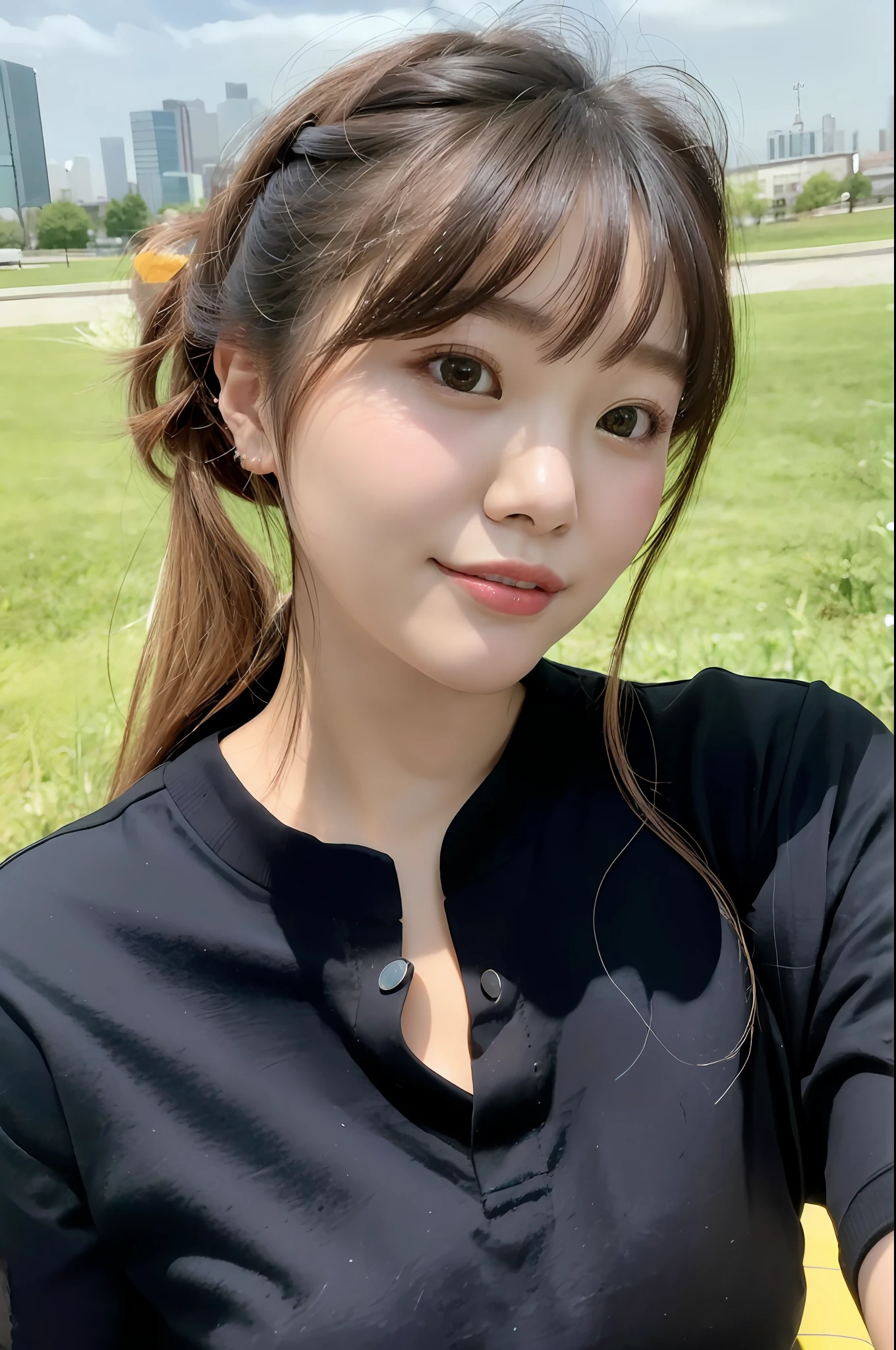 Close up portrait of woman sitting on park bench, Korean Girl, Larisa Manobal, Choi Hong Hwa, ulzzangs, sakimichan, beautiful Korean women, wan adorable korean face, lee ji-eun, lee ji - eun, park ji-min, Young adorable Korean face, tzuyu from twice