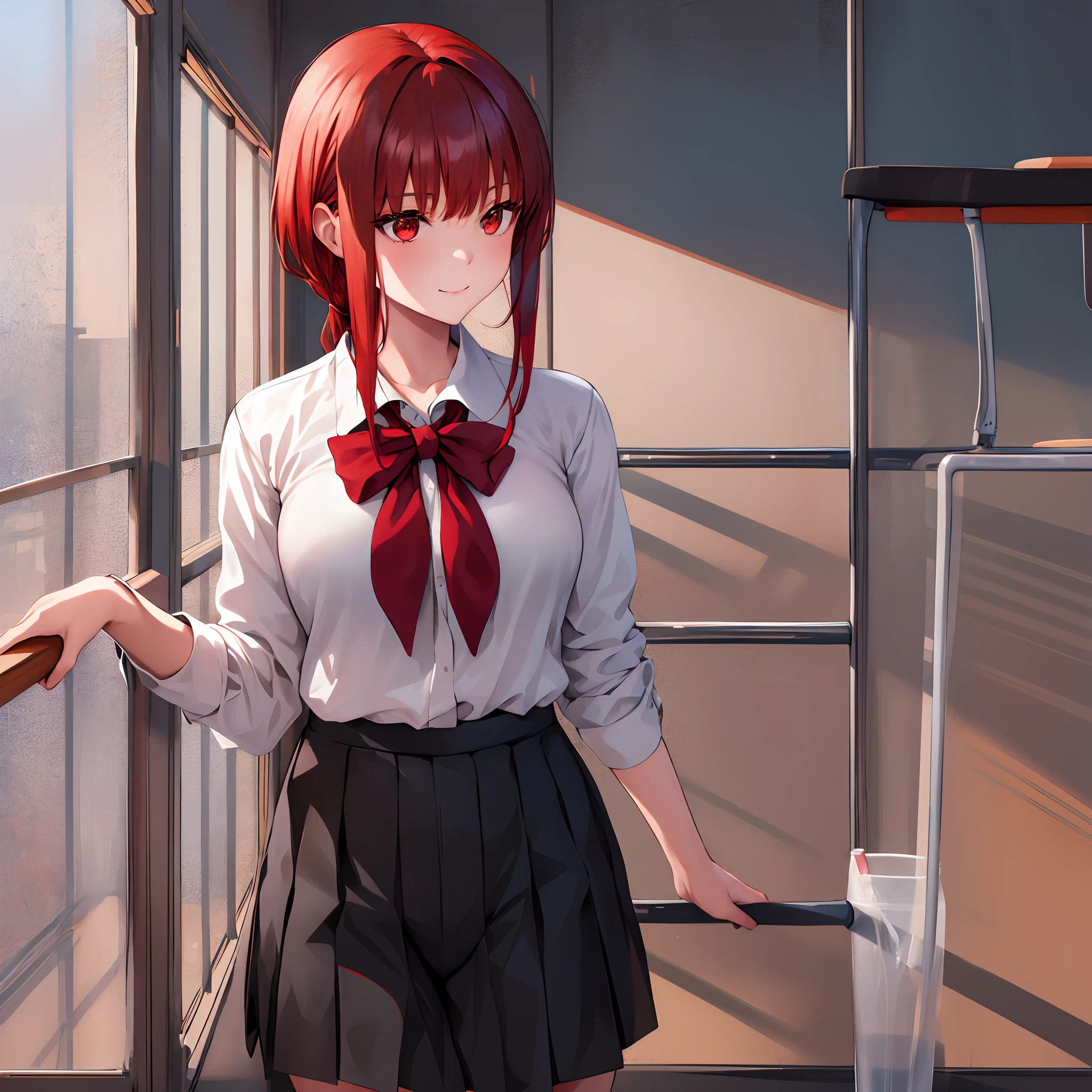 ung girl,Makima , school girl, red hair, bangs, hair, red eyes, white shirt, black pant, long sleeves, young