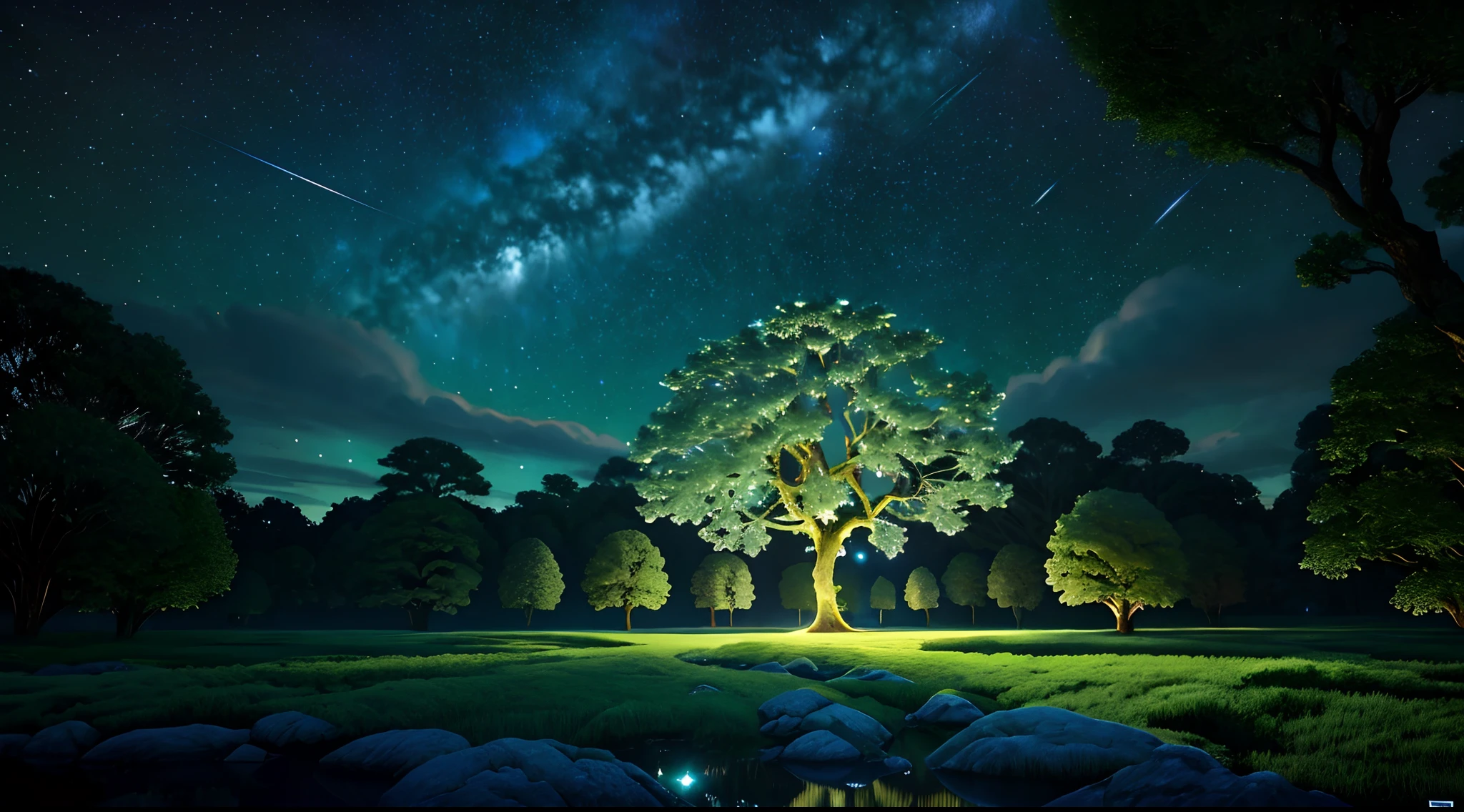 Illustration of a hyperrealistic , Otherworldly, Ultra sky scene，Features a huge crystal tree all over its body,Very detailed and magical lighting, Intricate forest details, vegetation and river around, solarpunk ,landscape, giant tree, Beautiful green leaves，Beautiful lighting and realistic proportions, as if it were a cinematic background, 8K, Highest quality, Masterpiece, Clouds and stars in the sky. galaxias, Flowering trees