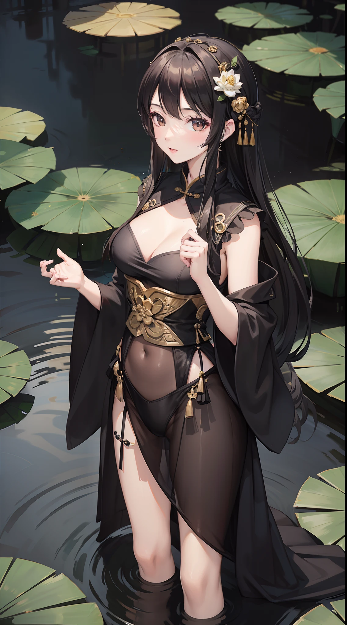 hoang lap，A high resolution，ultra - detailed，photo-realistic（1girll：1.3），handpainted，Simple lines，-yeld giwearing black Chinese Hanfu，beuaty girl，In the lotus pond，tmasterpiece，standing in water，black pantyhoses，black pantyhoses，ssmile，looking toward the viewer，Large round chest，Gestures are natural，Raised sexy