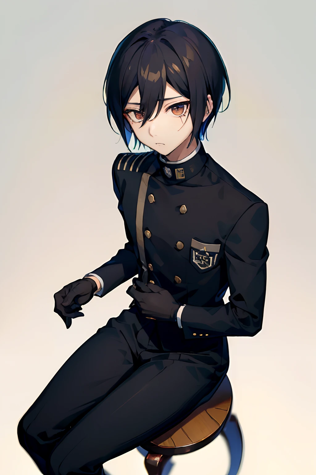 (Masterpiece, Best Quality:1.2), Motivated stool, 独奏, male focus, 1boy, Saihara Shuichi, expressionless, closed mouth, looking a viewer, White Turtleneck, black jacket, black gloves, ((portraite of a))