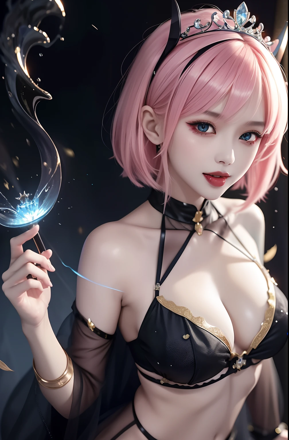 Masterpiece, top quality, pink hair, blue lightning, realistic, realistic details, high detail. Blue clothes. Blue Thunder. Blue crystal. Black suspended particles. Black smoke. Black crystals around. Black smoke wafts around. Warping the body. Warping the body. Horn. Darkness. Ochi Yami Yugi. Laugh. Very short. Boyish. Short hair. Short hair.
1 girl, beauty, , fine skin, anicos_No one,, navel, detached sleeves, bare shoulders, center opening, cleavage between breasts, middle breast, long feather hair clip, blue hair ornament, thigh height,watch viewer,isekai, ochi yami play. Temptation. Brainkill. Tattoo. Demon Tail. Gold pattern at chest. Luminescent tattoo. Luminescent tattoo. Devil's wings. Black and gold tiara. Tiara. Complex and luxurious tiara. Smile. Luminescent blades. Stick out your tongue. Open mouth. Sweat. Bra without strings. Miniskirt.