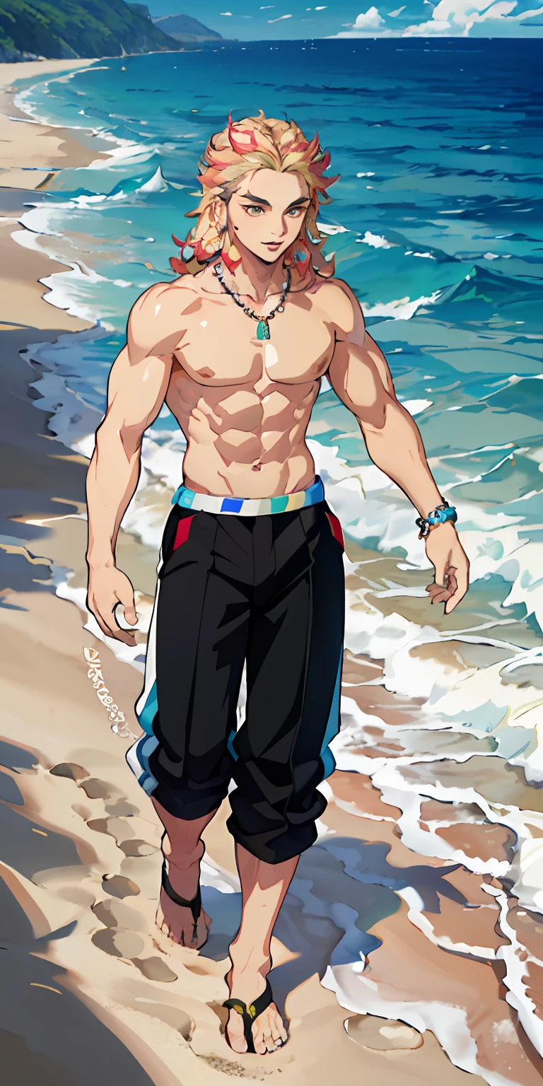 realisti, (tmasterpiece, hiquality, beste-Qualit, official arts), A highly detailed, colourful, The most detailed, The sea, a necklace, Beach, pectoral muscles, abs, beach pants