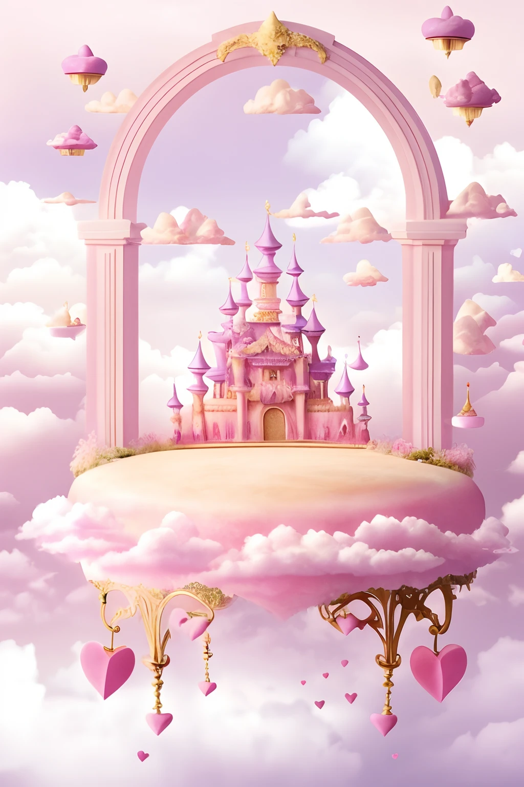 There is cake on the table in the clouds, fairy tale style background, stunning arcanum backdrop, Magical cloudy background, palace background, palace floating in heaven, paradise background, ballroom background, pink fog background, lie on white clouds fairyland, flying cloud castle, light kingdom backdrop, heaven pink, gymnasium background, dreamy atmosphere and drama, Cloud Palace,Great love,love heart