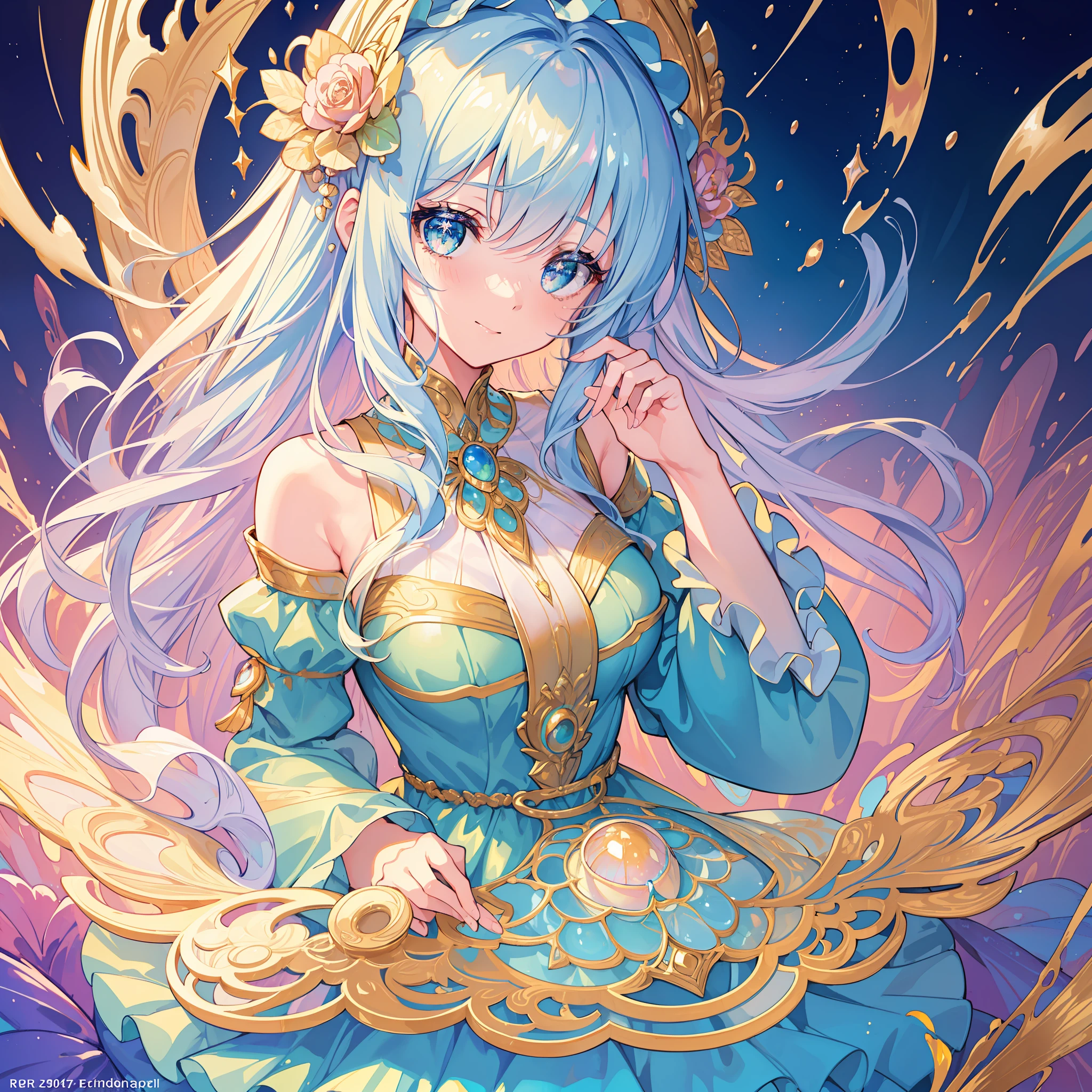 masterpiece, best quality, 8k resolution, sharp focus, intricate detail, beautiful girl, sparkling eyes, golden ratio face, otherworldly liquid, watercolor, pastel colors, bright colors, whimsical, colorful, sharp focus, high resolution, fine detail, ((layered tiered puffy long sleeves ballgown)), ((round eyes)), iridescent bubbles, fantasia background