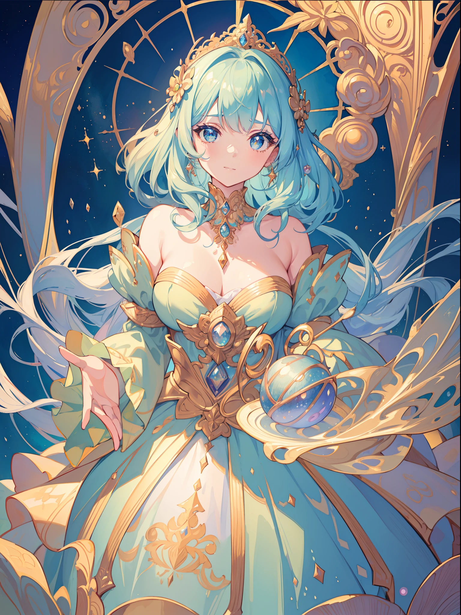 masterpiece, best quality, 8k resolution, sharp focus, intricate detail, beautiful girl, sparkling eyes, golden ratio face, otherworldly liquid, watercolor, muted colors, bright colors, whimsical, colorful, sharp focus, high resolution, fine detail, ((layered tiered puffy long sleeves ballgown)), ((round eyes)), iridescent bubbles, fantasia background