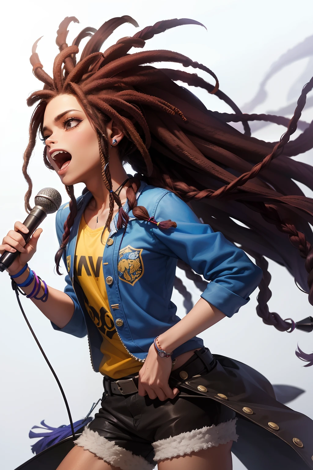 personagem de desenho animado de um jovem com dreadlocks roxo, cantando com microfone