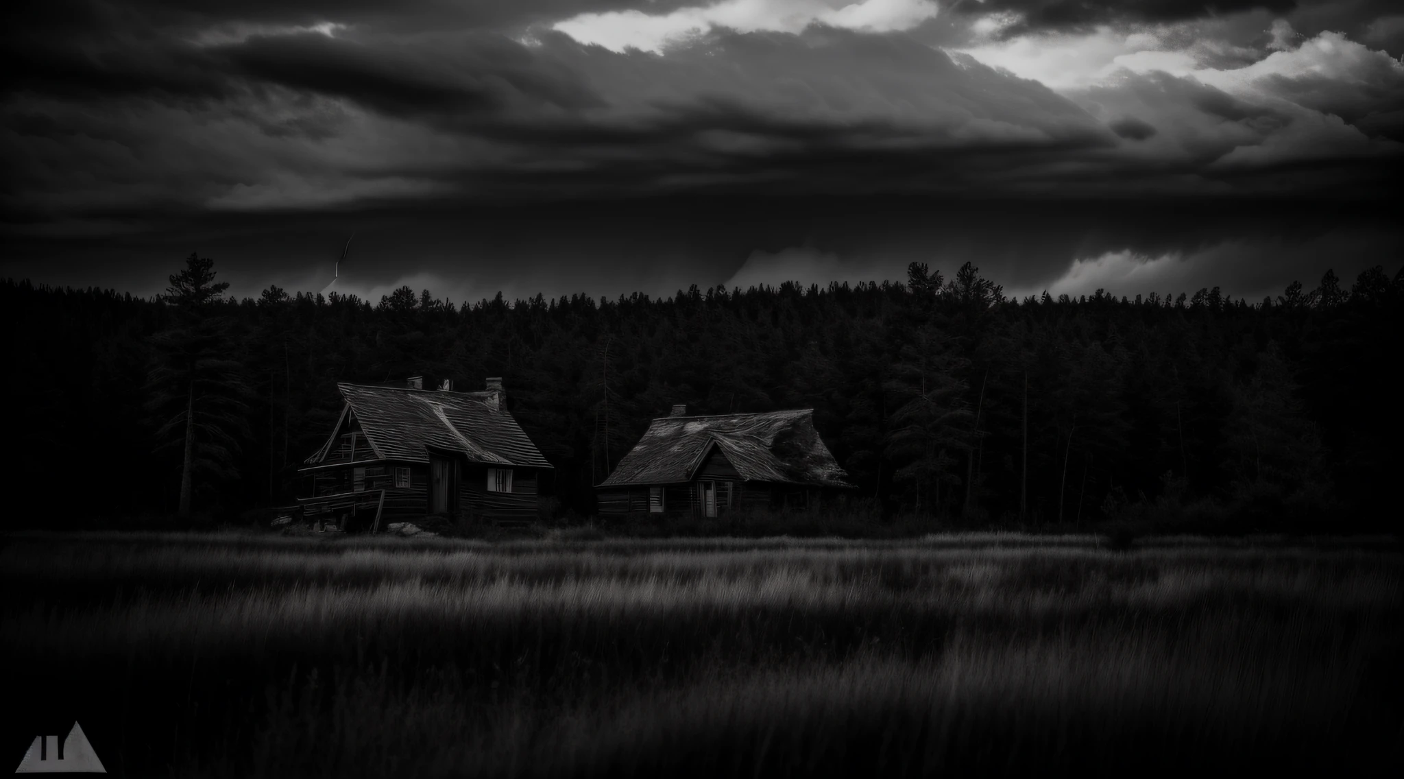 night, b&w photo of old house, post apocalypse, forest, storm weather, wind, rocks, 8k uhd, dslr, soft lighting, high quality, film grain,