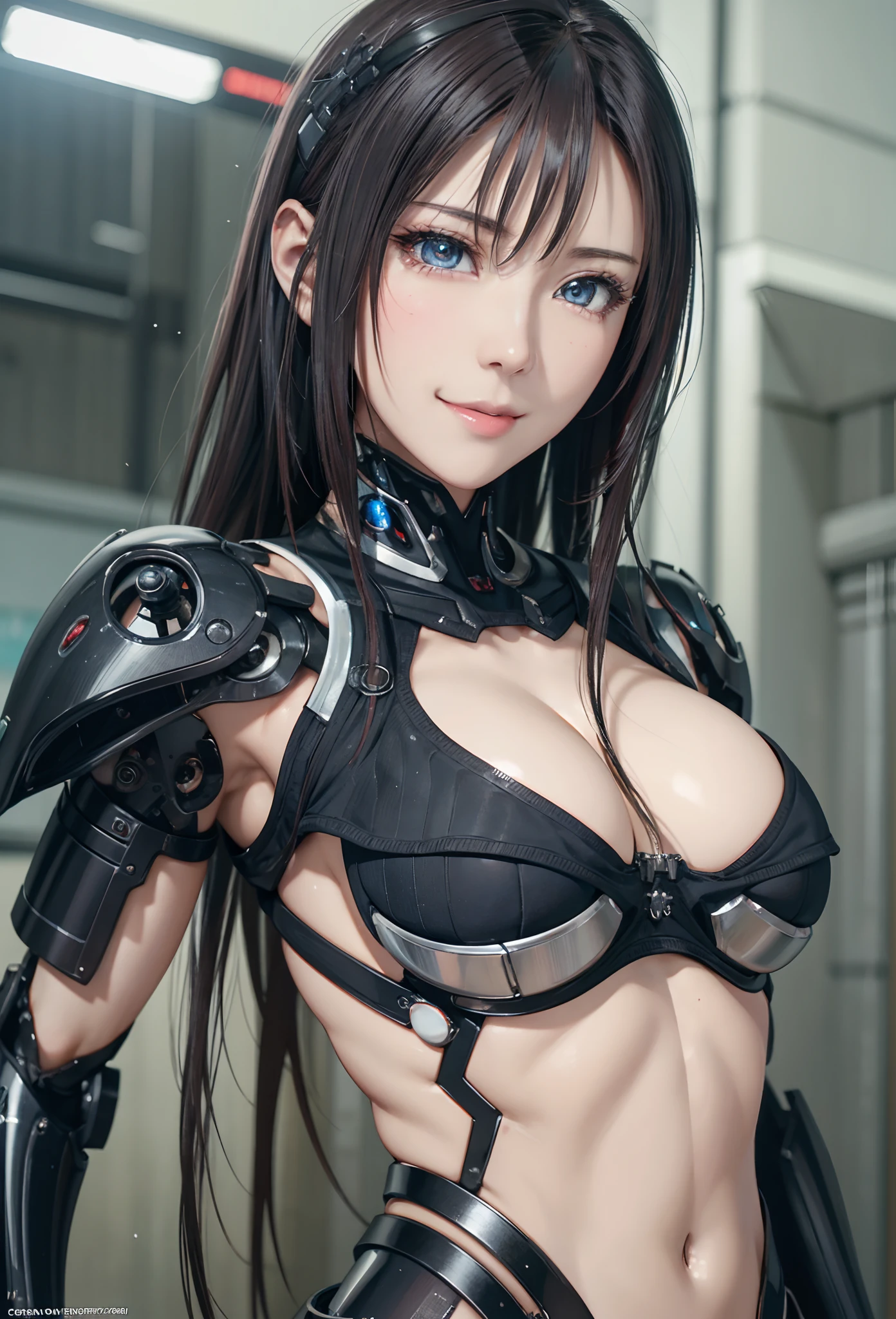 Full body cyborg、Super beauty、Beautiful eyes、|A detailed face|Symetrical|cyberpunked|cyborgs|intricate-detail|real life size|surrealistic|电影灯光|digitalart|concept-art| gazing at viewer、Sexy smile