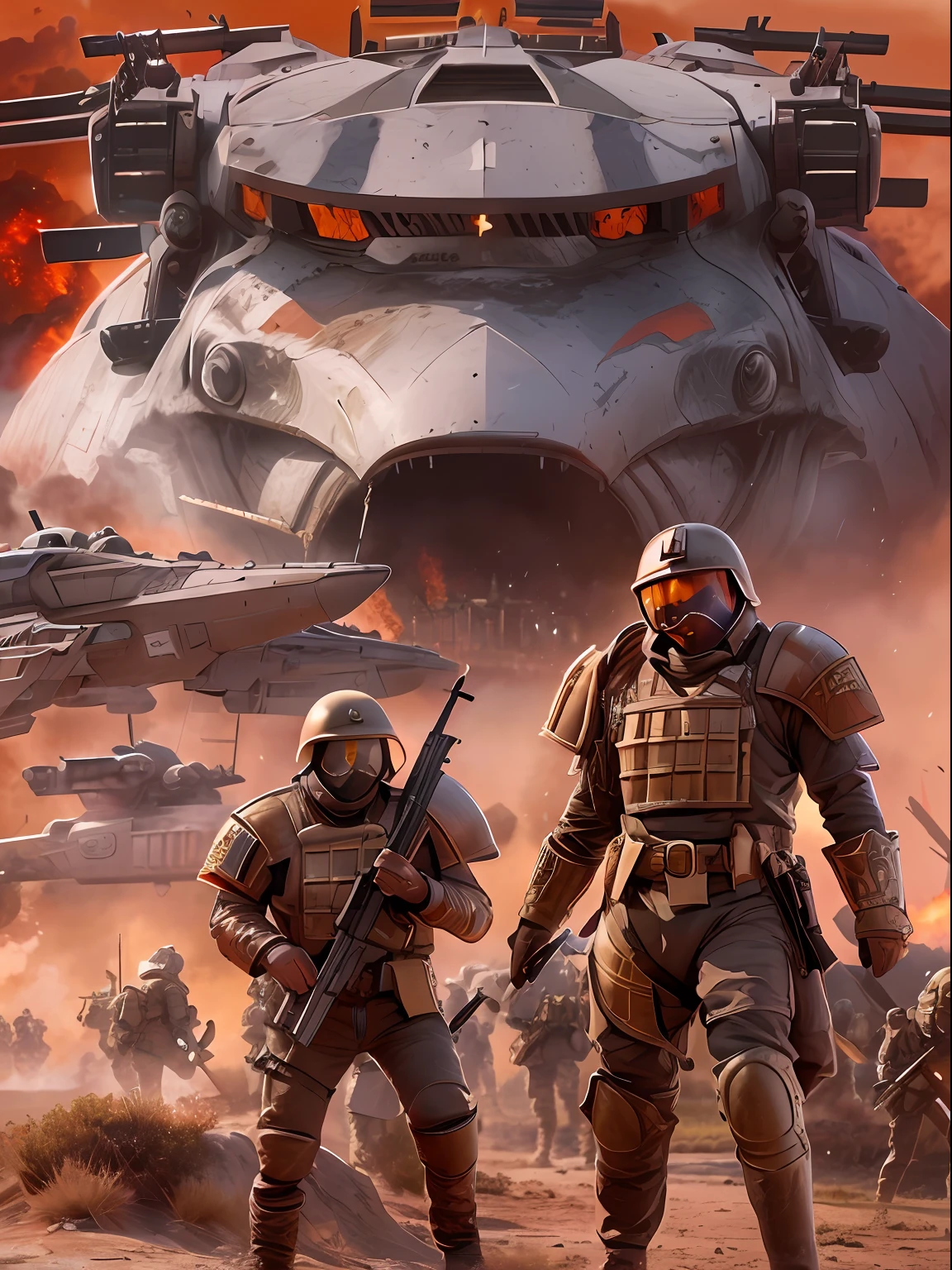 Future Battlefield, Alien Civilization War, Gunsmoke fills, A red flag was planted on a small mound, Soldiers in Chinese armor, full armour, The background is the army of the SA, The picture is stunning, Magnificent, Magnificent, in the style of futuristic, Ultra-wide angle, Masterpiece, ccurate, Anatomically correct, Super detail, Award-Awarded
