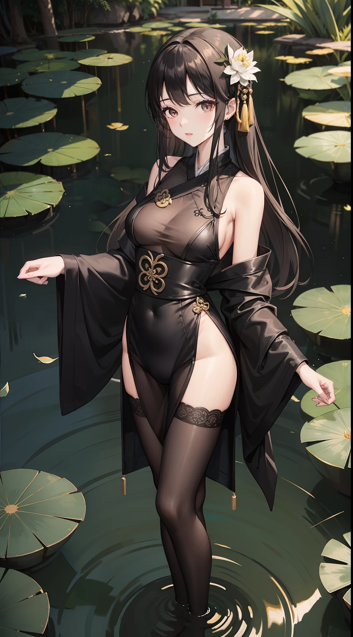 hoang lap,A high resolution,ultra - detailed,photo-realistic(1girll:1.3),handpainted,Simple lines,16-year-old girl wearing black Chinese Hanfu,beuaty girl,In the lotus pond,tmasterpiece,standing in water,black pantyhoses,black pantyhoses,ssmile,looking toward the viewer,Large round chest,Gestures are natural,Raised sexy