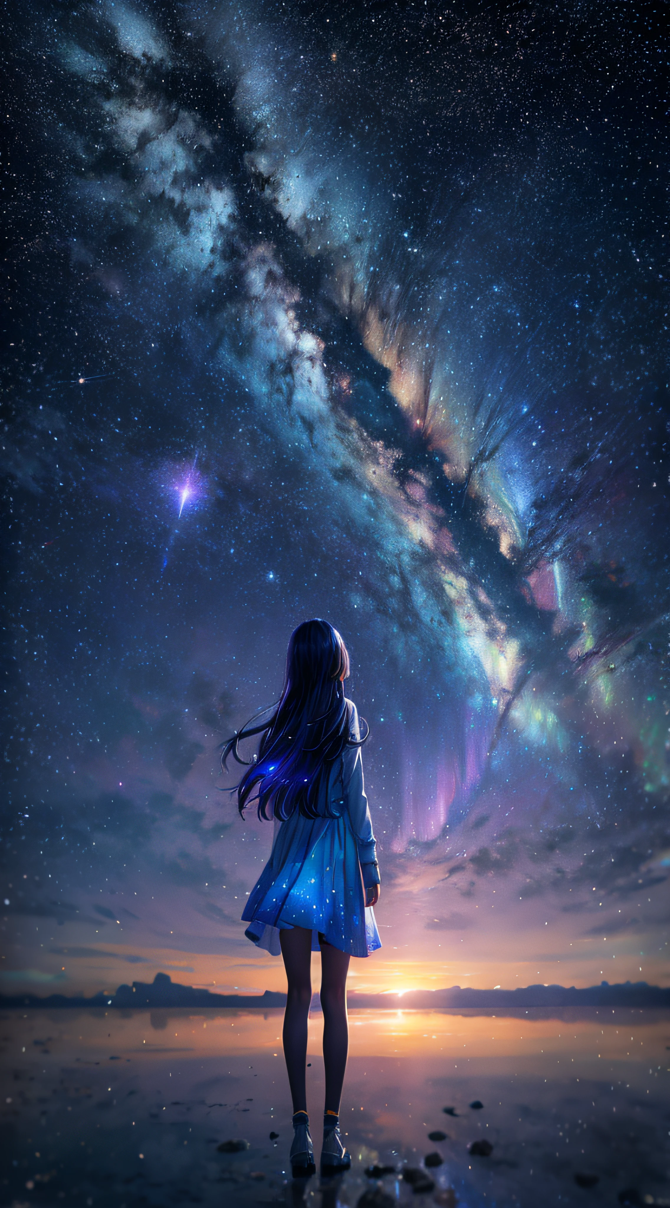 Aurora、Woman standing on beach looking at stars and starry sky、Slender girl looking at space、Anime girl with dark blue hair in a white dress、looking out into space、amazing wallpapers、Background looking at the galaxy、Beautiful Girl On Horizon、Looking at the universe、 Makoto Shinkai Cyril Roland、Animation Art Wallpapers 8K