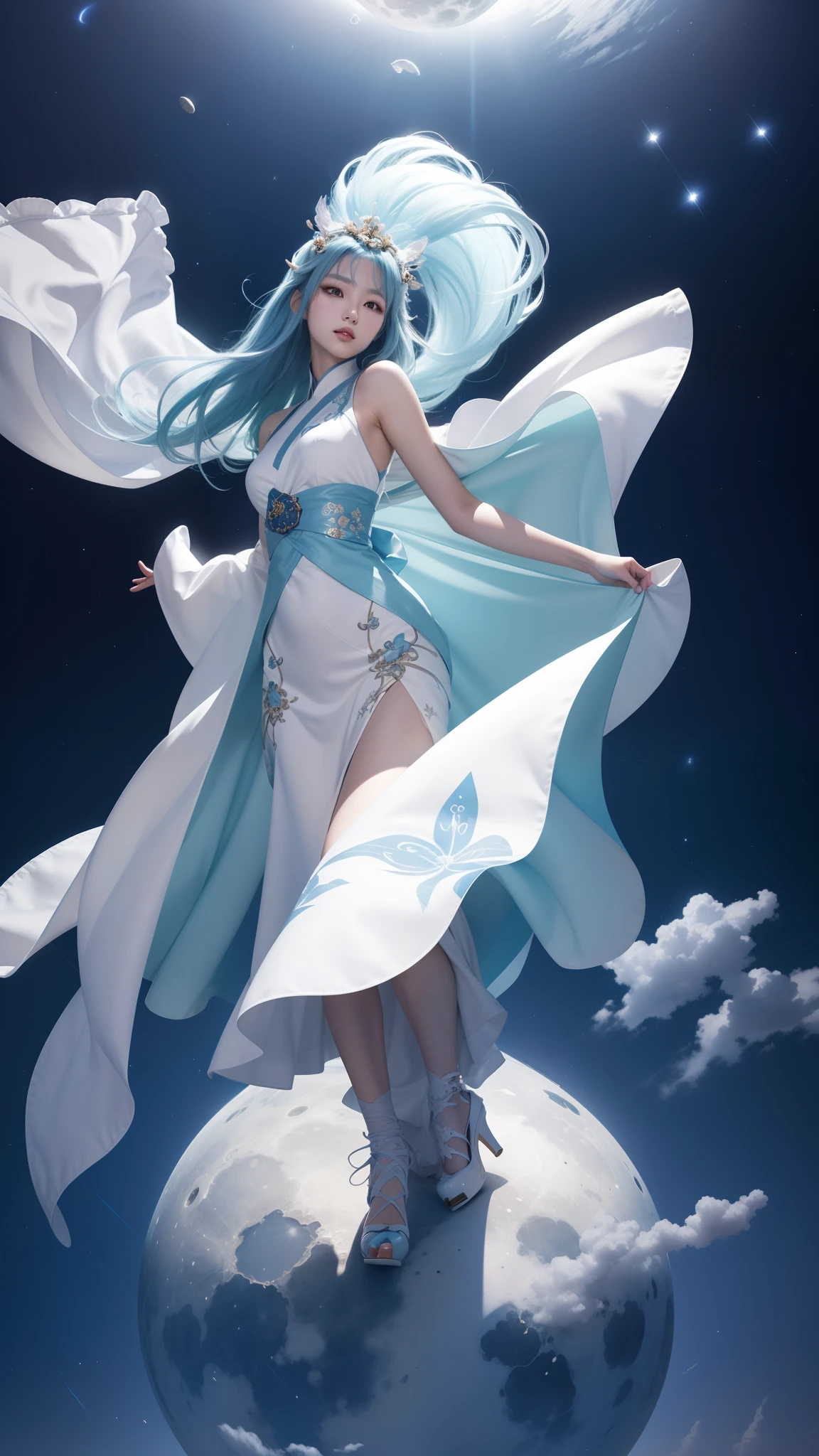 （first person perspective, in a panoramic view，magic realism，surrealism，Chiaroscuro, anime illustration：1.5，，Masterpiece, hyper HD, Super detail, High details, Best quality, A high resolution, A high resolution, Award-Awarded, Award-Awarded, Anatomically correct, 8K），（Delicate anime girl：1.5，blue hairs，Stand on the moon：1.5，​​clouds，There is a huge satellite suspended in space，Peaceful night sky in the background，Starcloud），（ Chic girl，anatomy correct，Cinematic lighting，senior color matching）（in a panoramic view，Whole body diagram：1.5），(8K, RAW photo, Photorealistic:1.25) ,( Gloss on lips, eyeslashes, gloss face, Glossy glossy skin, best qualtiy, 超高分辨率, depth of fields, color difference, Caustics, Wide light, naturalshadow, Headgear, Kpop idol) ，Pink and blue style：1.5，1girll,，Tall and thin beauty goddess，A flowing dress，conservative girl，cloud goddess，Flowing blue and white patterned fabric，wearing flowing dress，Realistic， (Wind: 1.5)，(full bodyesbian:1.5)，（Anime girl with blue hair and corolla blue and white dress，palaces，hanfugirl），（Guviz-style artwork，Guvitz，inspired by Leng Mei，A beautiful fantasy queen，Inspired by Lee Mei Shu，Popular on CGstation，Inspired by Ai Xuan，Blue and white Hanfu，High heels，a beautiful fantasy empress：1.5）