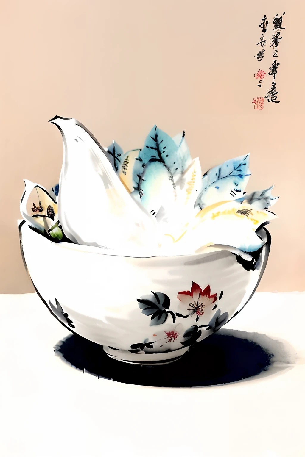 There is a white bowl，It has a tea motif on it,It has a leaf pattern on it， Japan pottery, author：Shen Saidang, Middle metaverse, author：Andō Tsukimichi, inspired by Chang Dai-chien, Chinese watercolor style, China ink painting，inspired by Yun Du-seo, author：Shen Shizhen, japanese art art, inspired by Xie Shichen