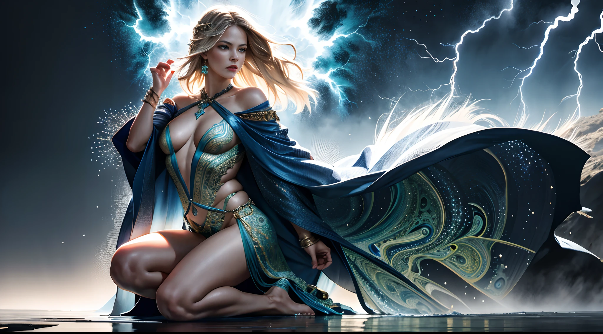 (1girl), solo, a lightning goddess in the middle of a thunderstorm, chartreusee greek goddess robes, official art, unity 8k wallpaper, ultra detailed, beautiful and aesthetic, masterpiece, best quality, (zentangle, mandala, tangle, entangle), (fractal art:1.3), extremely detailed, dynamic angle, the most beautiful form of lightning, elegant, a fantasy design, vivid colours, romanticism, by james jean, roby dwi antono, ross tran, francis bacon, michal mraz, adrian ghenie, petra cortright, gerhard richter, takato yamamoto, ashley wood, stormy weather, lightning, electricity visible, full body, staring at the viewer, chartreusee