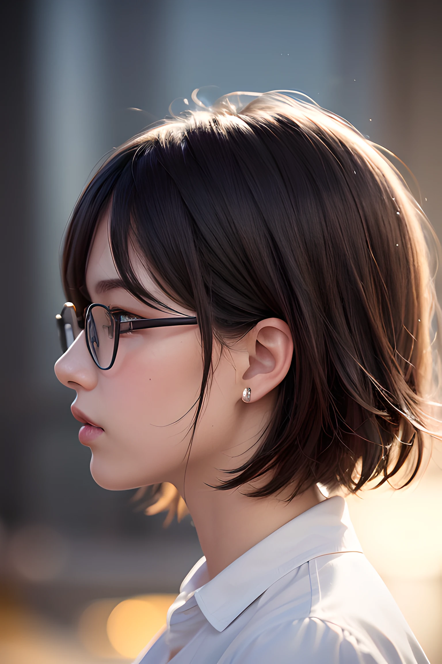 (masterpiece:1.3), (8k, photorealistic, RAW photo, best quality: 1.4), (1girl), beautiful face, (realistic face), (black hair, short hair:1.3), beautiful hairstyle, realistic eyes, beautiful detailed eyes, (realistic skin), beautiful skin, (round glasses), absurdres, attractive, ultra high res, ultra realistic, highly detailed, golden ratio, (night, dark, rim lighting, side view)