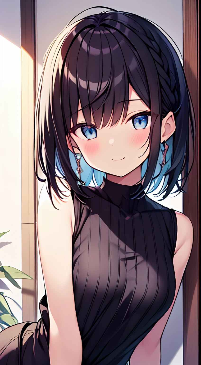masutepiece, Best Quality,Illustration, Wallpaper, Ultra Detail, 1girl in,Solo,Beautiful detailed eyes,Very thick contour lines、Medium Short-Cut Hair、Short, Braided hair、(student clothes)、Dark hair color、a serene smile、Kamimei、Angle from which you can see the whole body、Overlooking angle:1.2、small head、ample breasts