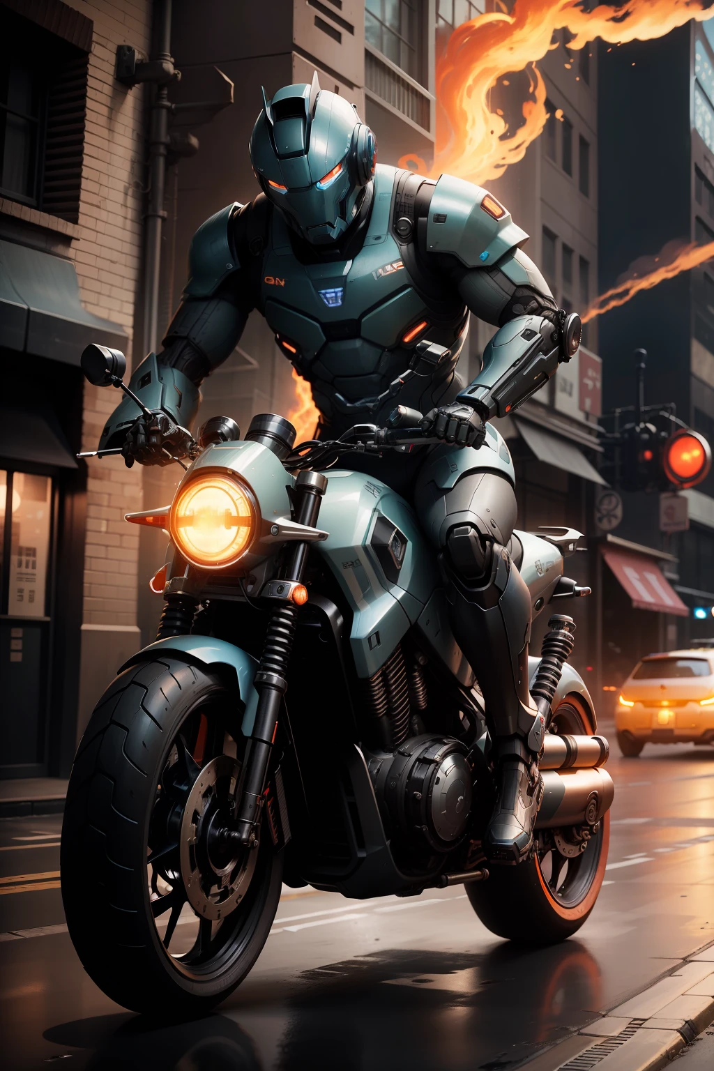 scifi style、The character is a robot，The robot's head is V-shaped，The robot has exhaust holes on its body，The wheels are formed by flames，The streamlined shape of the car