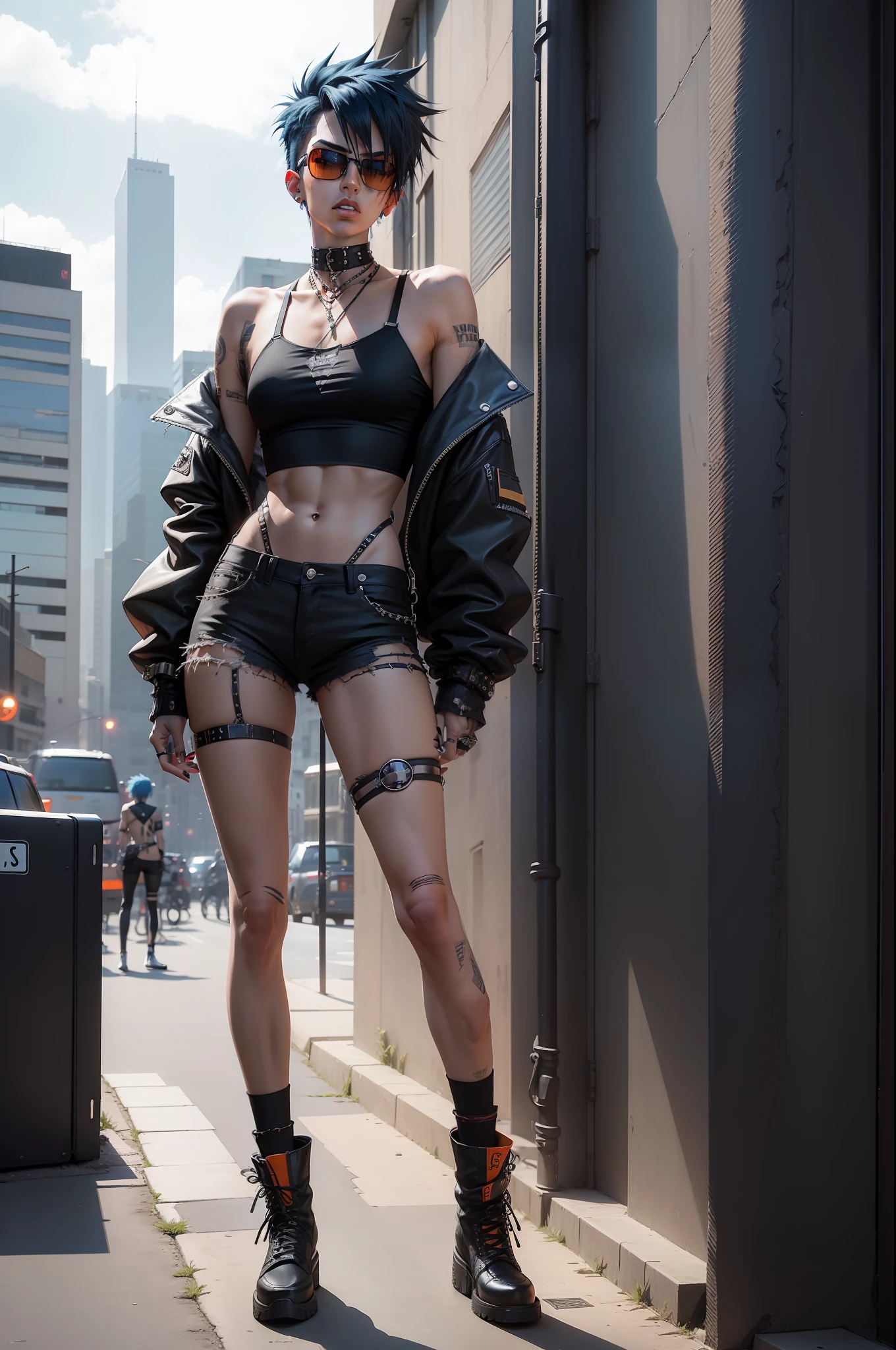 Tall and skinny 80s punk rock boy with midnight blue hair with two long strands in the front, wearing oversized orange round sunglasses, wearing black spiked choker, wearing black fishnet crop top, wearing black ripped armwarmers, wearing black ripped jeans, wearing goth platform boots, playing guitar, full body, freckles, anime, 8k, high resolution