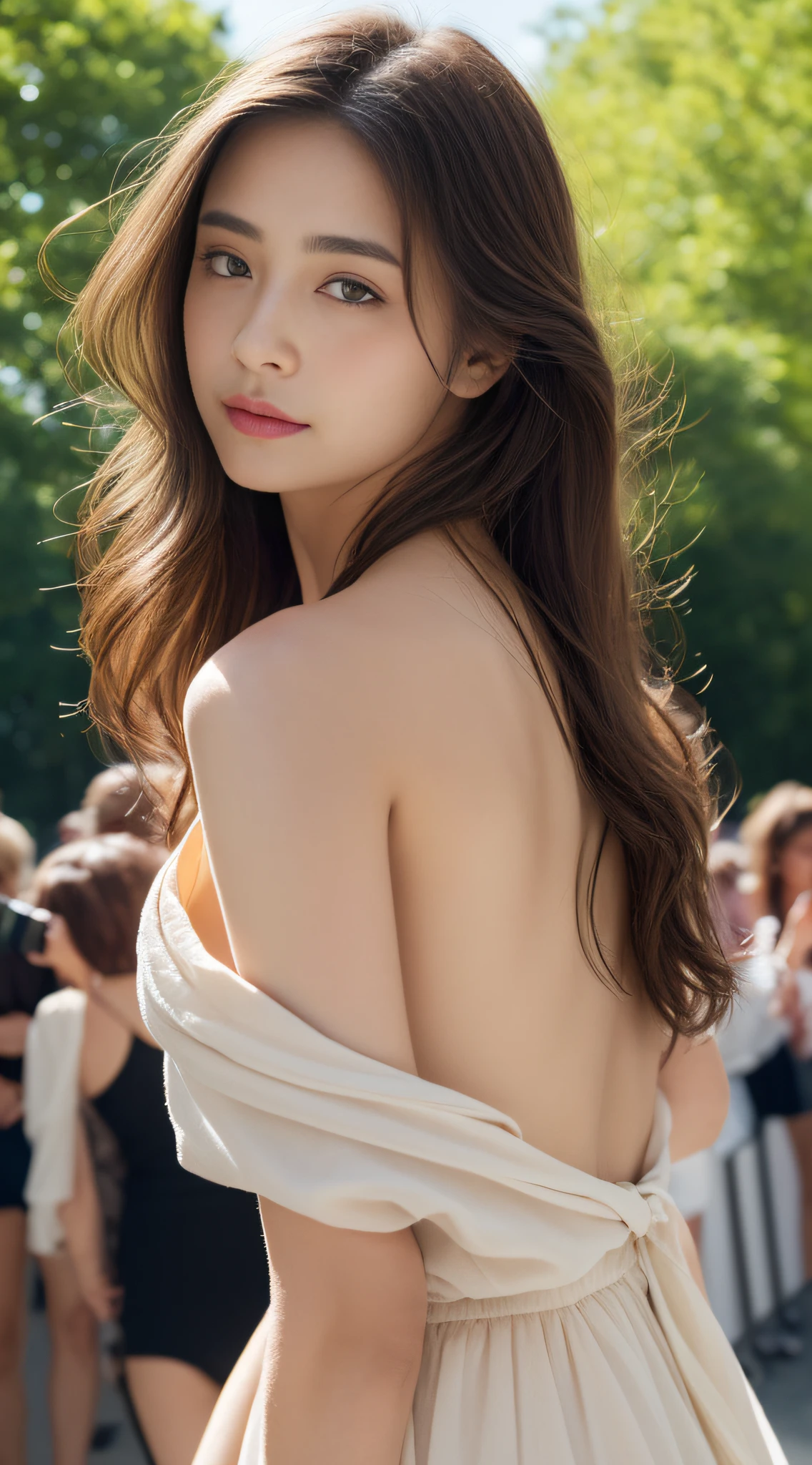 (top-quality、hight resolution、​masterpiece:1.3)、(g-cup、cleavage of the breast)、full body Esbian、A tall and pretty woman、Slender Abs、Dark brown hair styled in loose waves、breastsout、Off-the-shoulder gothic dresses、long slit、(Beautiful legs and thighs)、(Crowds in the park on the background)、Details exquisitely rendered in the face and skin texture、A detailed eye、二重まぶた