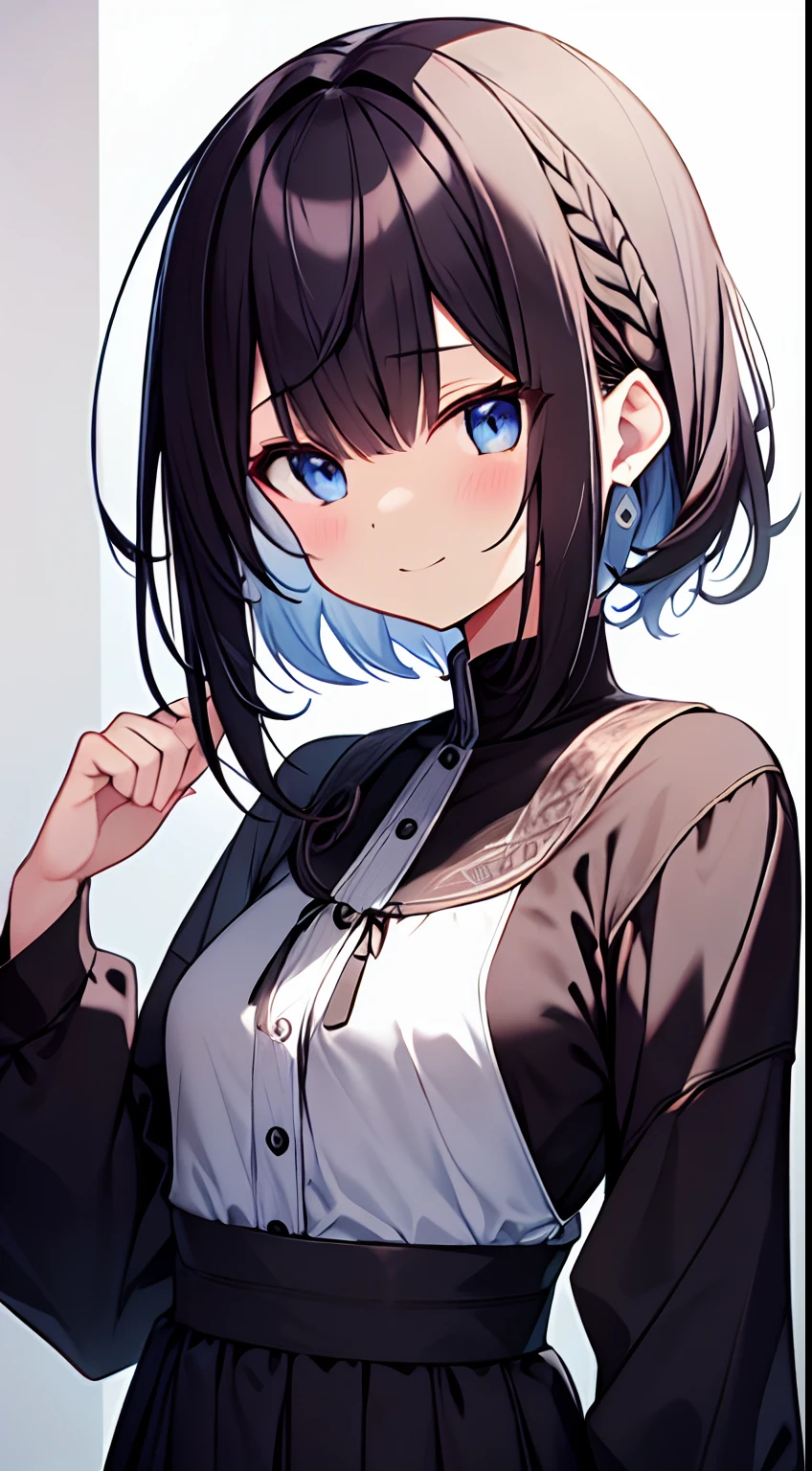 masutepiece, Best Quality,Illustration, Wallpaper, Ultra Detail, 1girl in,Solo,Beautiful detailed eyes,Very thick contour lines、Medium Short-Cut Hair、Short, Braided hair、(student clothes)、Dark hair color、a serene smile、Kamimei、Angle from which you can see the whole body、Overlooking angle:1.2、small head、ample breasts