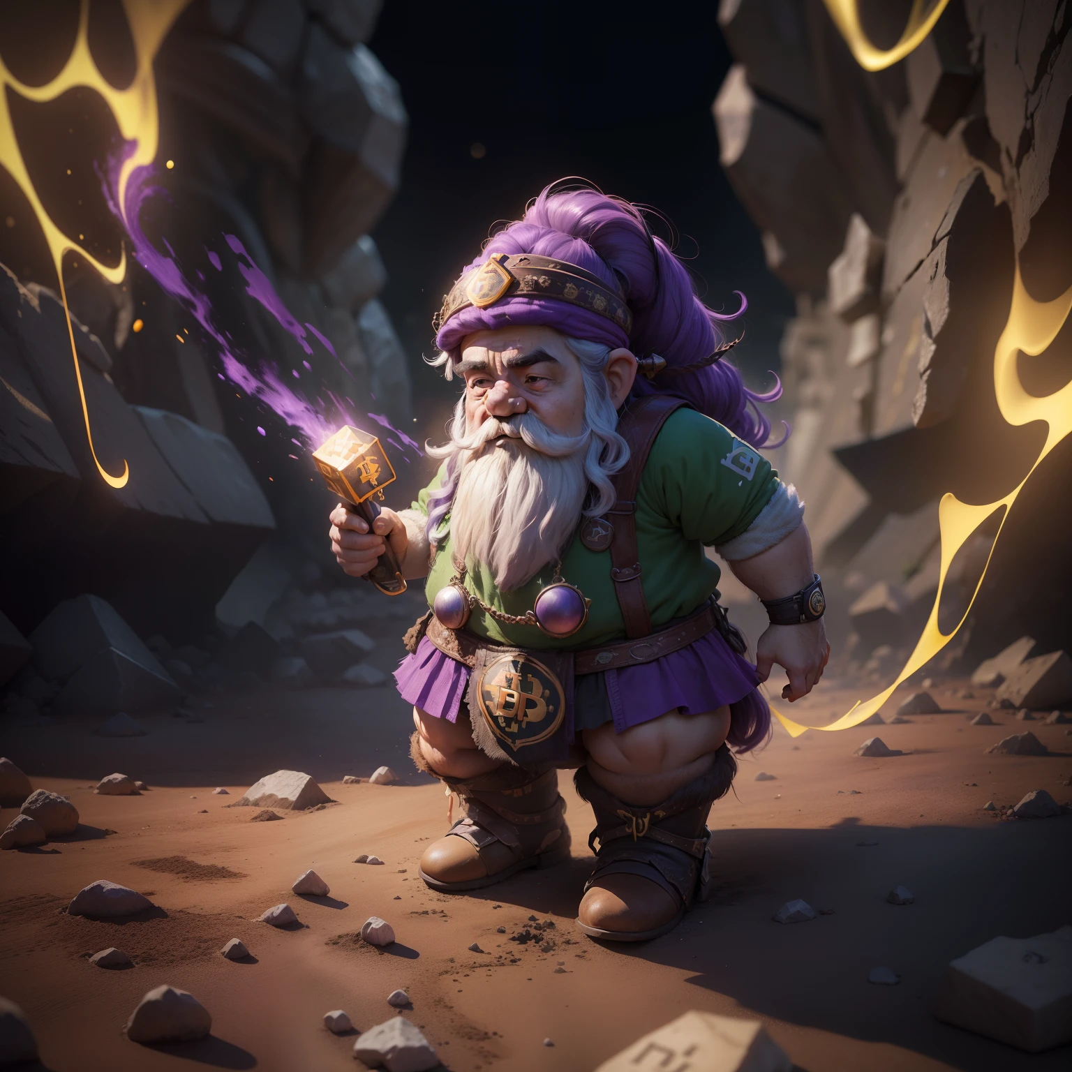 (realistic illustration, photorealistic illustration: 1.37), ((melhor qualidade)), ultra high-resolution, papel de parede CG 8k extremamente detalhado, physics based rendering, cinematic lighthing, full-body dwarf, (bokeh: 1.4), ((((1dwarf))), (asas de avestruz), purple dwarf, asas de avestruz roxo, (avestruz roxo), ((Bitcoin Mining)),Servidor de internet roxo,caverna ametista