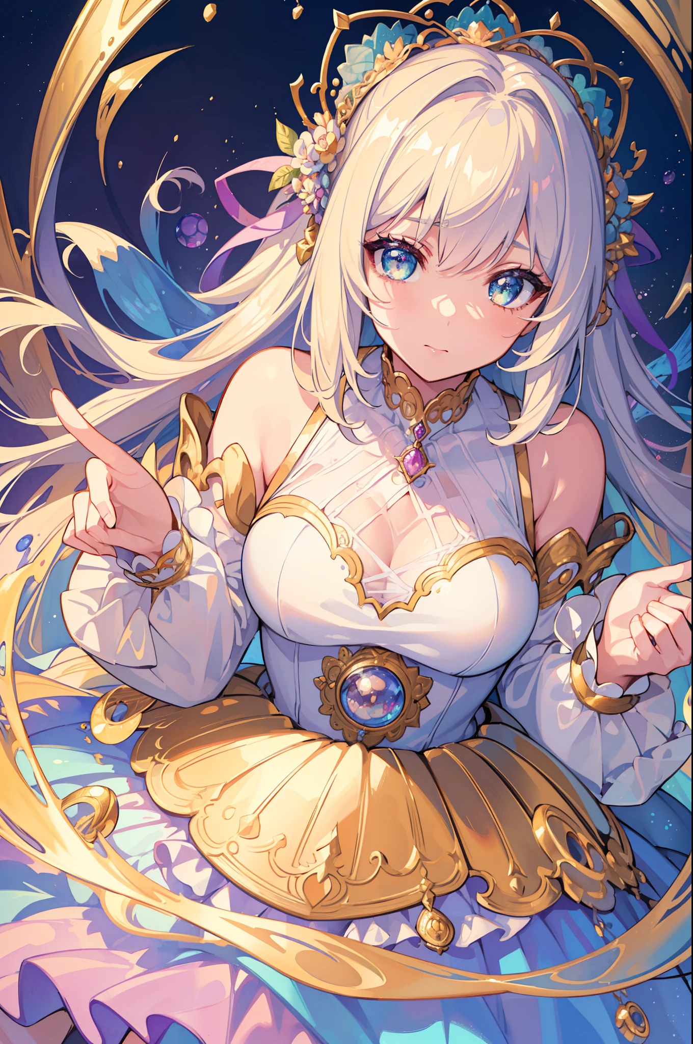 (masterpiece, best quality, highres), (chromatic aberration, floating, space), ((1girl, (mature female) long hair)), (looking at viewer, light smile, off shoulder, upper body, colorful, galaxy),