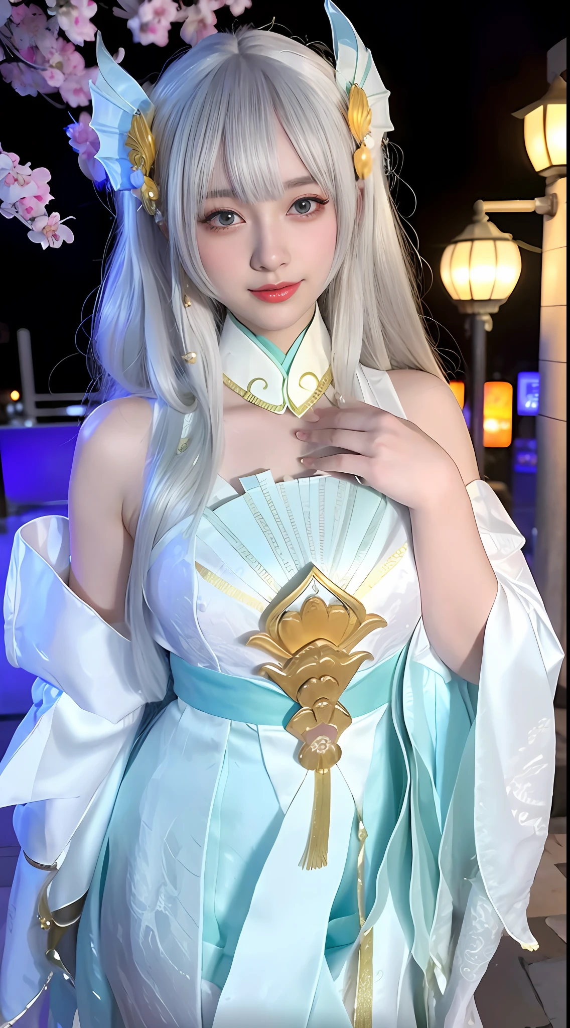 There is a girl in a green dress, plum blossoms, palaces, oriental architecture ray tracing, {best quality}, {{masterpiece}}, extremely detailed 8K wallpaper, {an extremely delicate and beautiful}, colorful, intricately detailed, Realistic, real, camera quality, (detailed depiction of clothes), cool white skin, (detailed depiction of blush), 1080p, sun, soft cuteness, smooth light silver hair, messy beauty, lighting, broken feeling, bright and silky skin , 3D stereoscopic, masterpiece, best quality, super fine illustration, beautiful eyes, very fine light, fine glow, very fine 8K CG wallpaper, peach eyes, red pupils, an extremely delicate and beautiful girl, 8k Wallpaper, best quality, full body close-up, white long dress, luxurious silky bright red chiffon floodlight (magic, glitter, ultra-thin, soft,) Hanfu