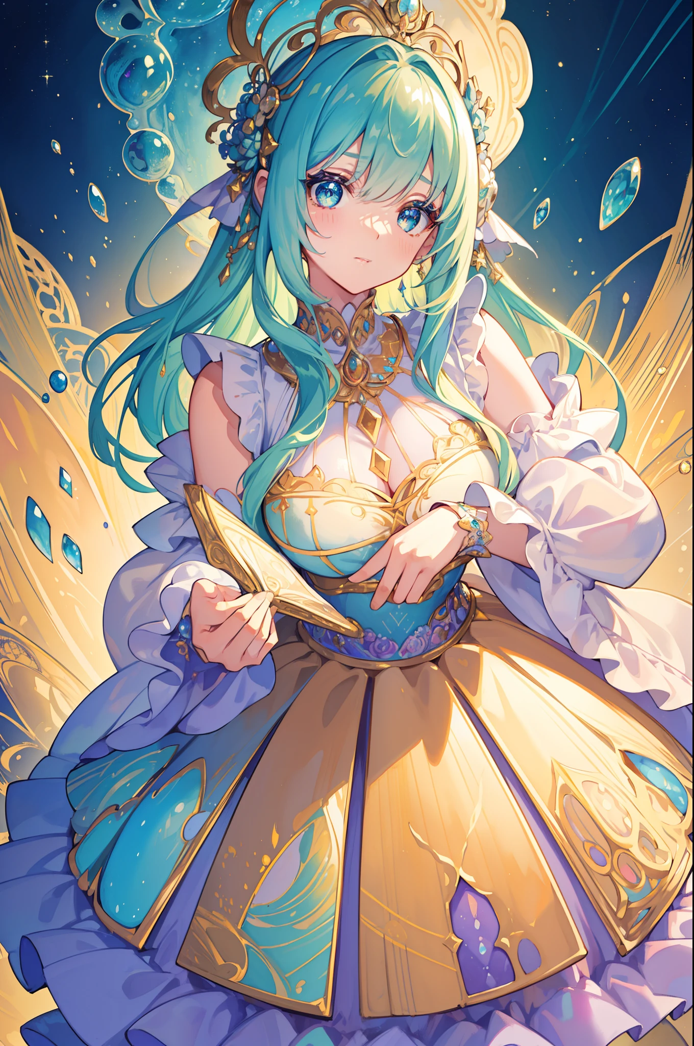 masterpiece, best quality, 8k resolution, sharp focus, intricate detail, beautiful girl, sparkling eyes, golden ratio face, otherworldly liquid, watercolor, pastel colors, bright colors, whimsical, colorful, sharp focus, high resolution, fine detail, ((layered tiered puffy long sleeves ballgown)), ((round eyes)), iridescent bubbles, fantasia background