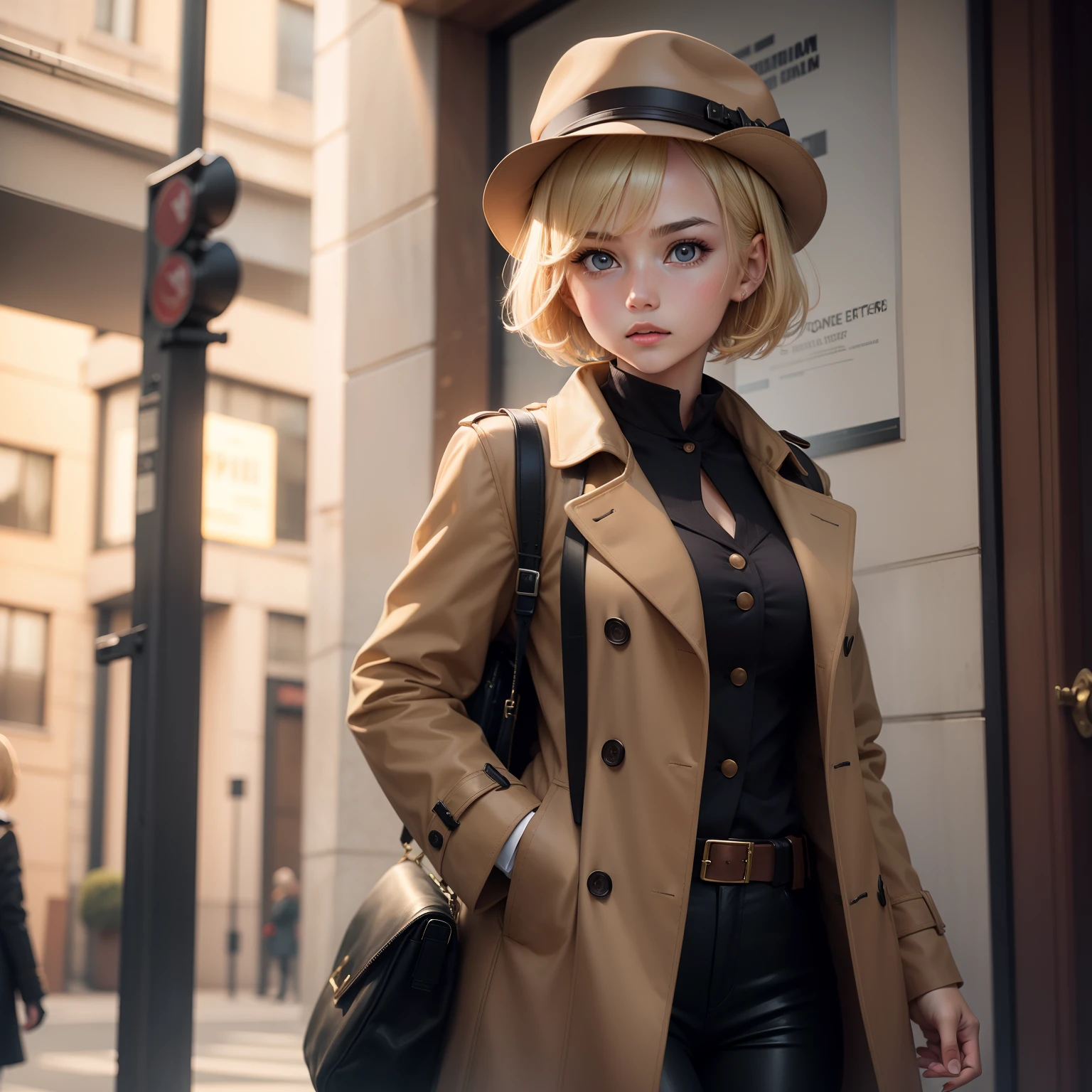 1girl, blonde hair, short hair, brown coat, detective outfit