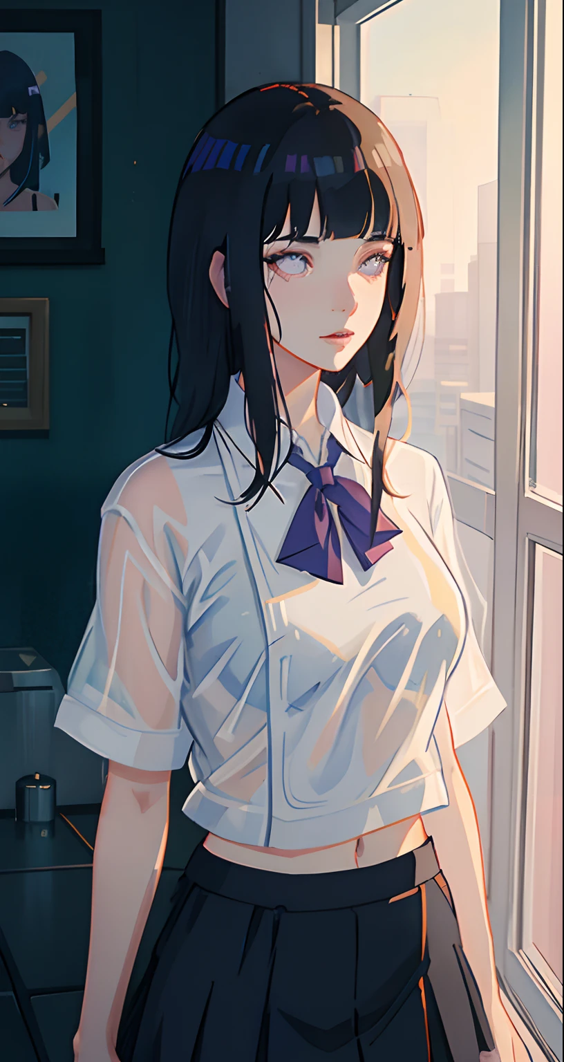 a handsome female, seductive, ((blunt bangs)) Pop star, idol, In the show, Attractive, Sexy Eyes, white shirt, short skirt, navy blue hair, tender, Young, Short hair, full - body, from league of legends, trend on artstation, Author: Rhods, Andreas Rocha, rossdraws, makoto sinkai, Laurie Greasley, Lois van Baarle, Ilya Kuvshinov and Greg Rutkowski, violet eyes, (Long hair:1.3), wet and sheer bra,